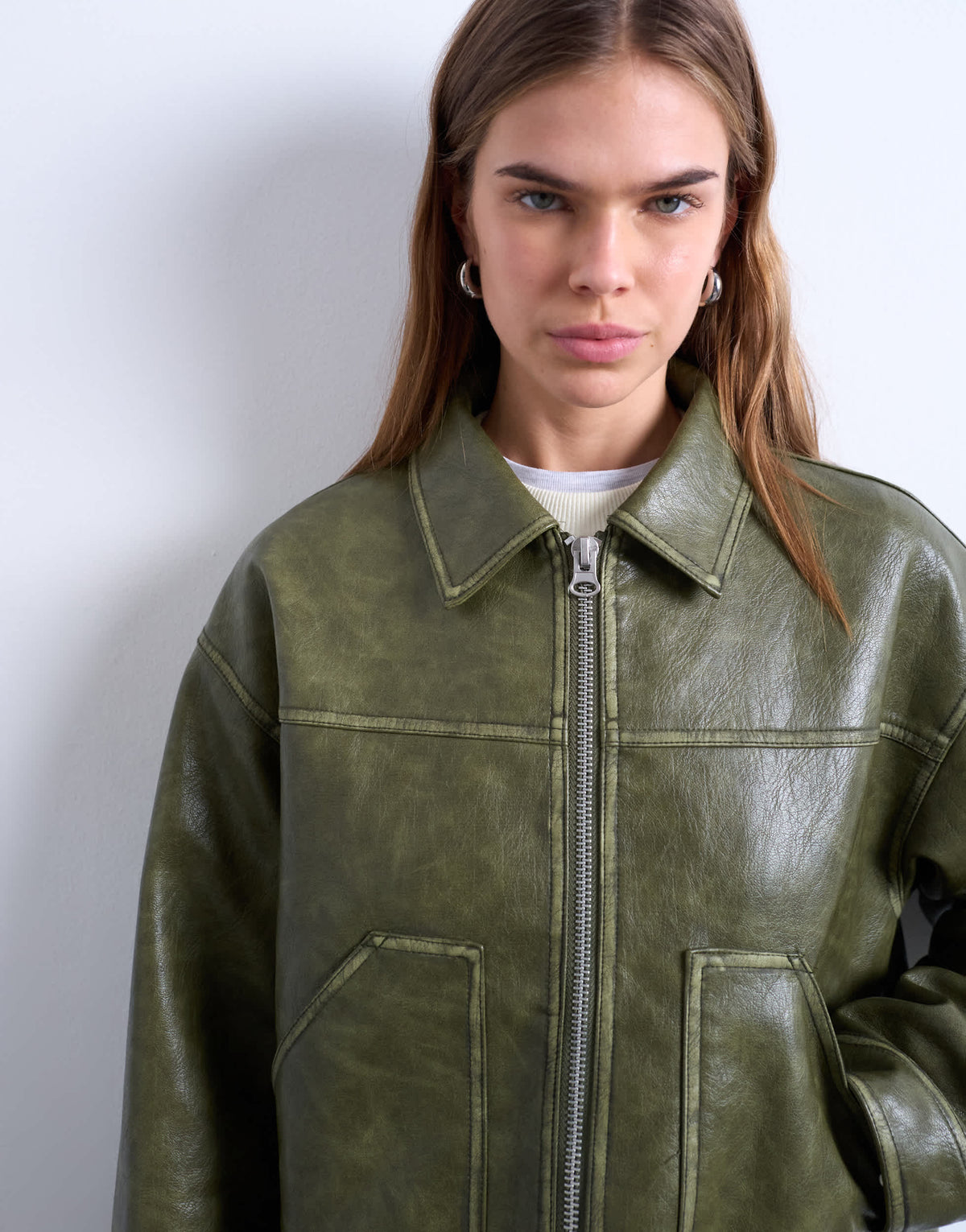 Topshop faux leather zip through jacket with patch pockets in washed green