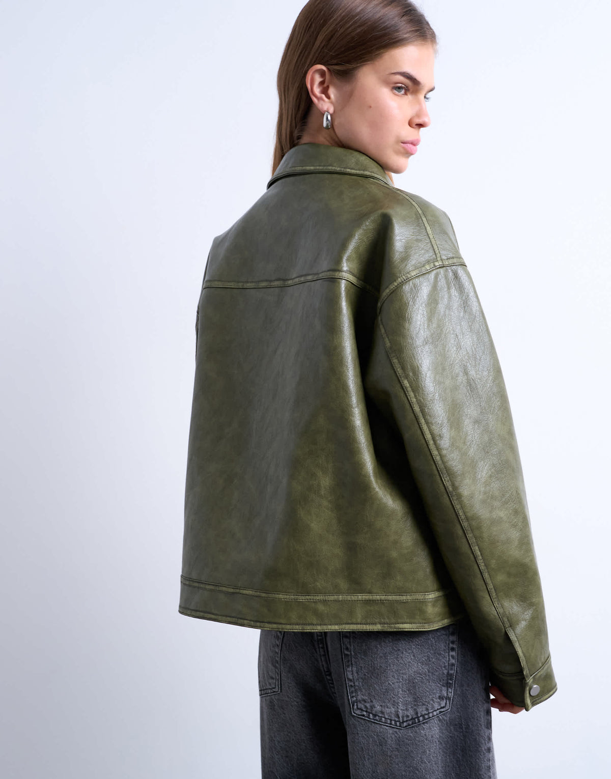 Topshop faux leather zip through jacket with patch pockets in washed green