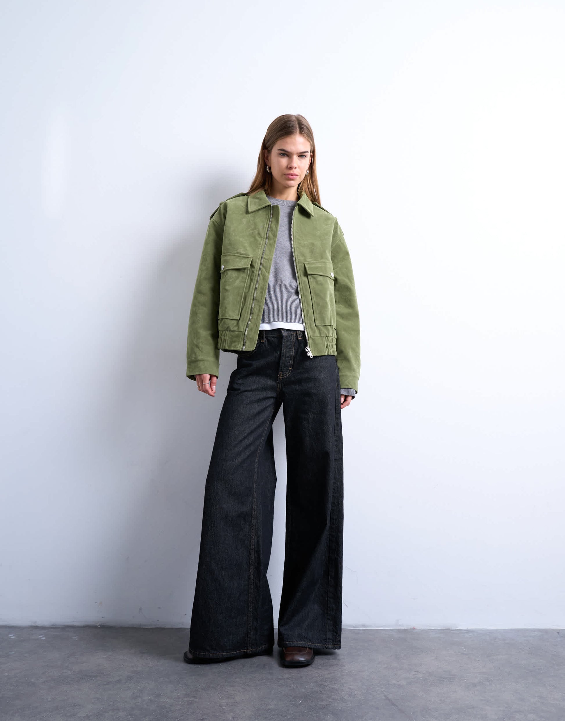 Topshop faux suede quilted lined bomber jacket with popper details in sage green