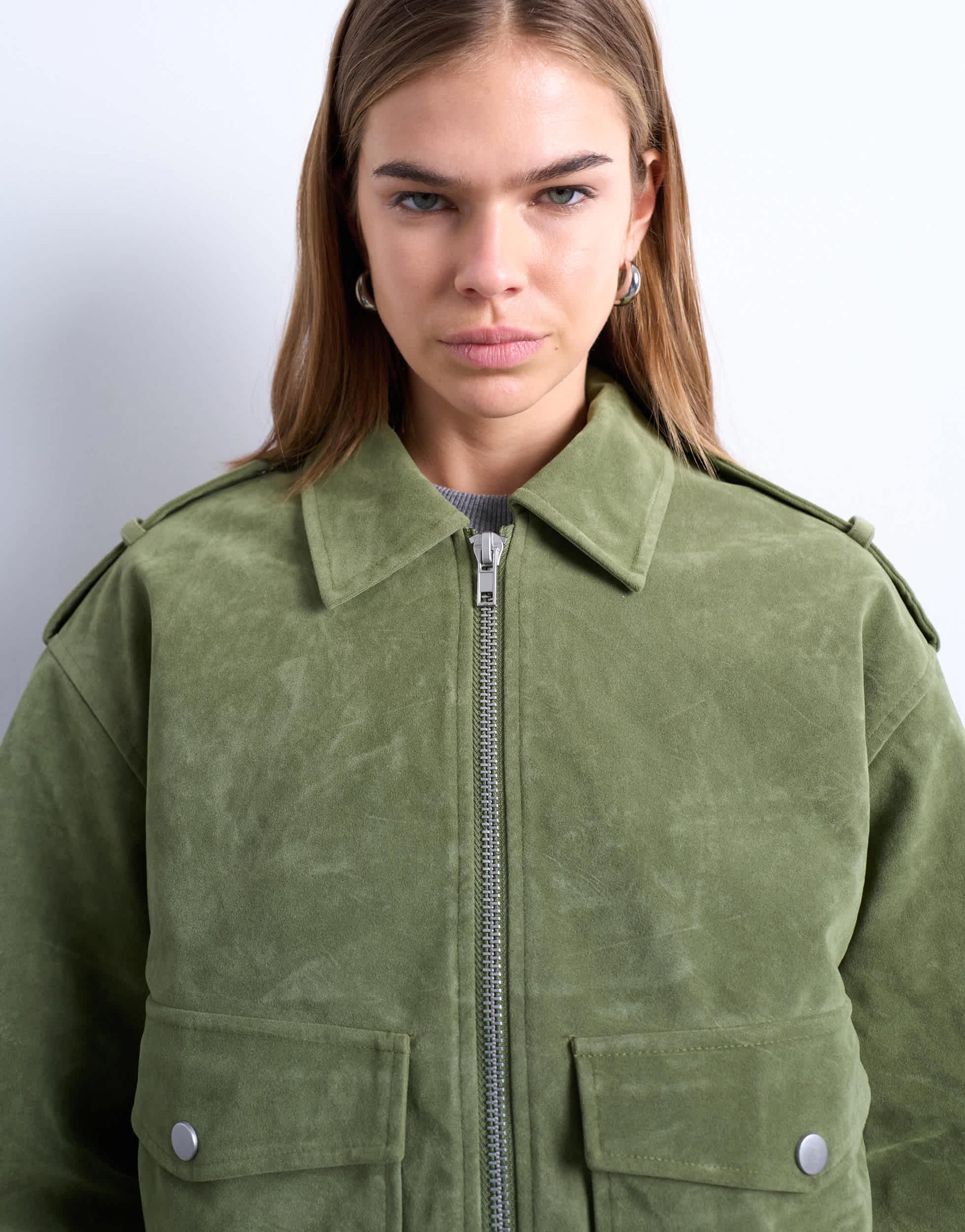 Topshop faux suede quilted lined bomber jacket with popper details in sage green