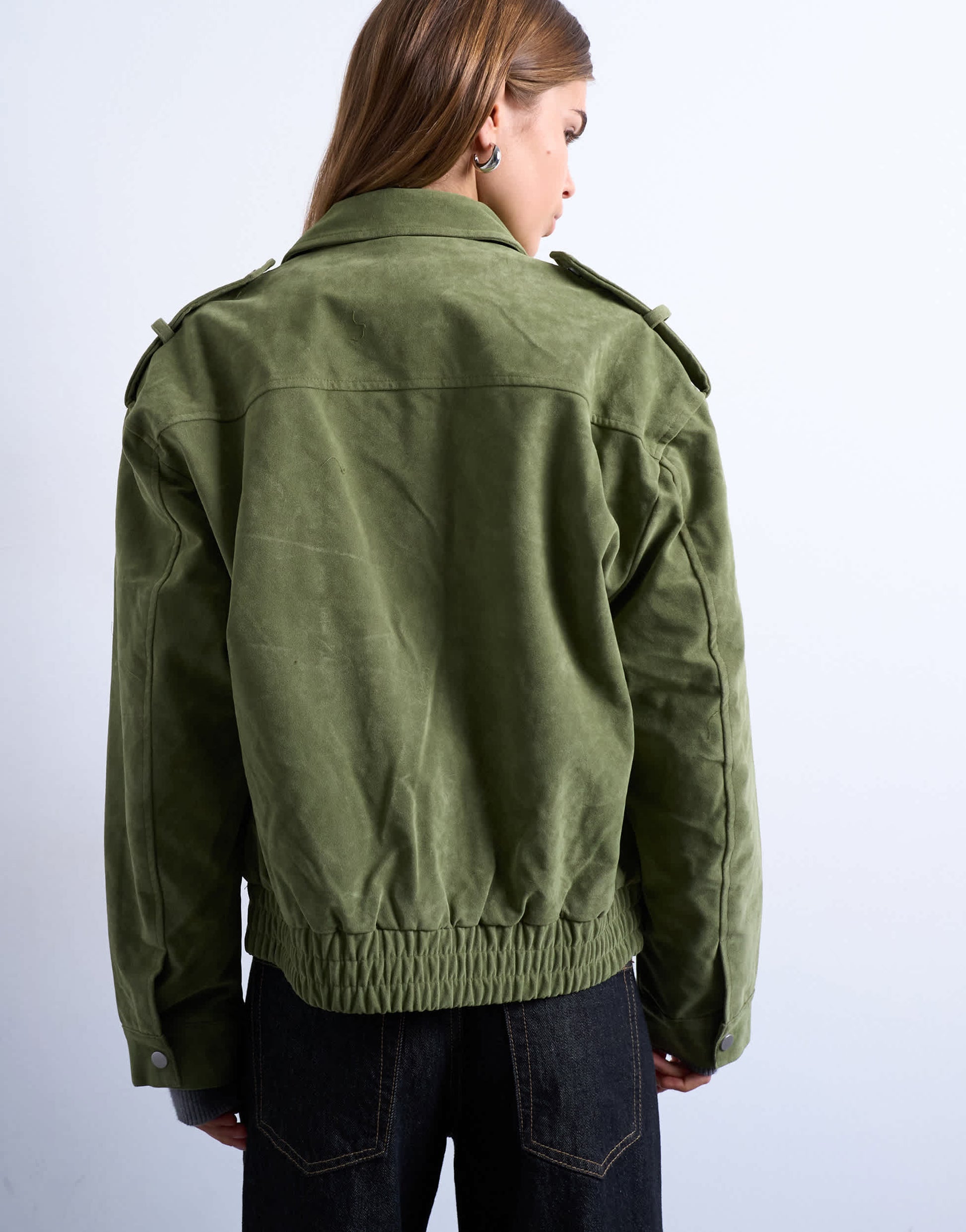 Topshop faux suede quilted lined bomber jacket with popper details in sage green