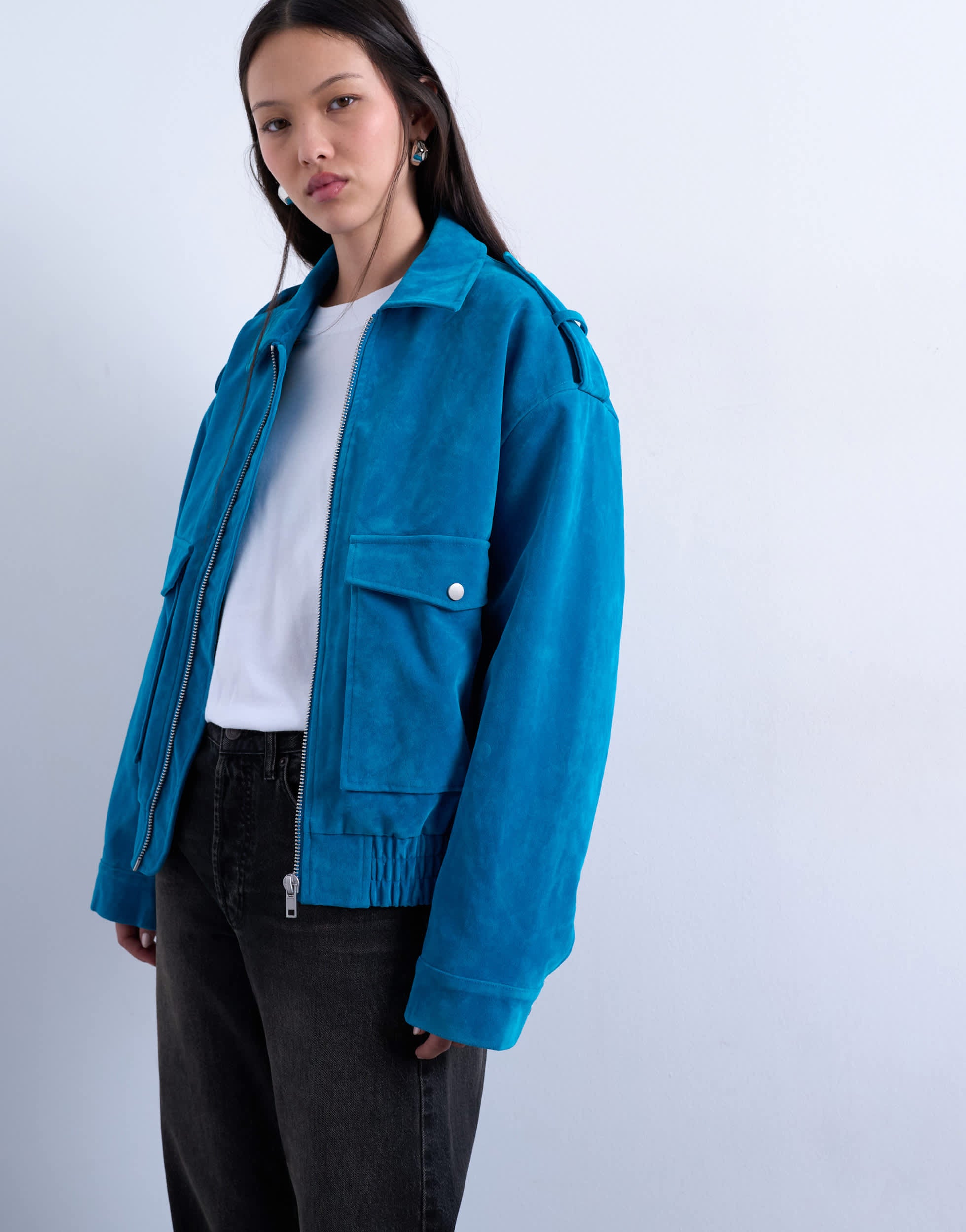 Topshop faux suede quilted lined bomber jacket with popper details in bright blue