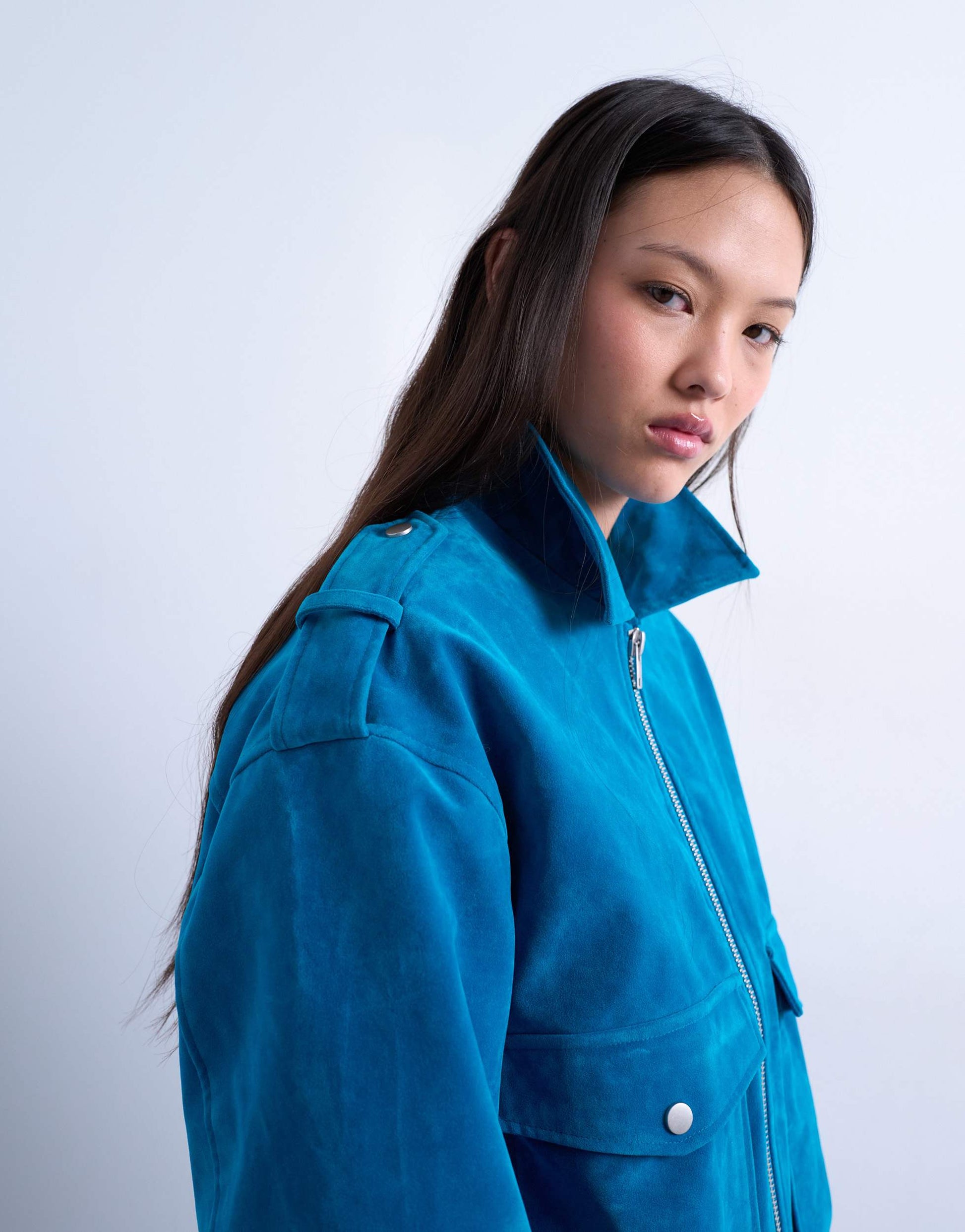 Topshop faux suede quilted lined bomber jacket with popper details in bright blue
