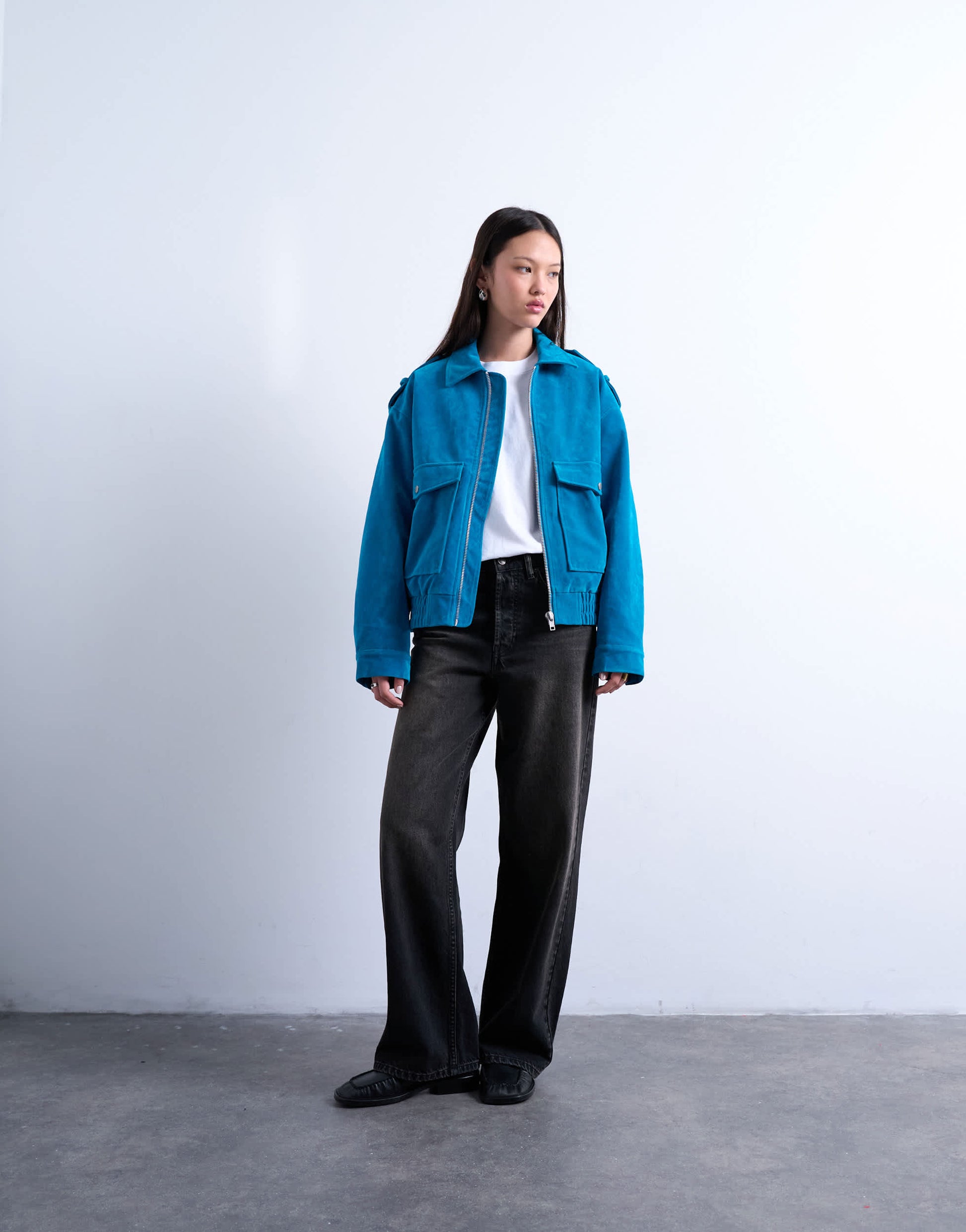 Topshop faux suede quilted lined bomber jacket with popper details in bright blue