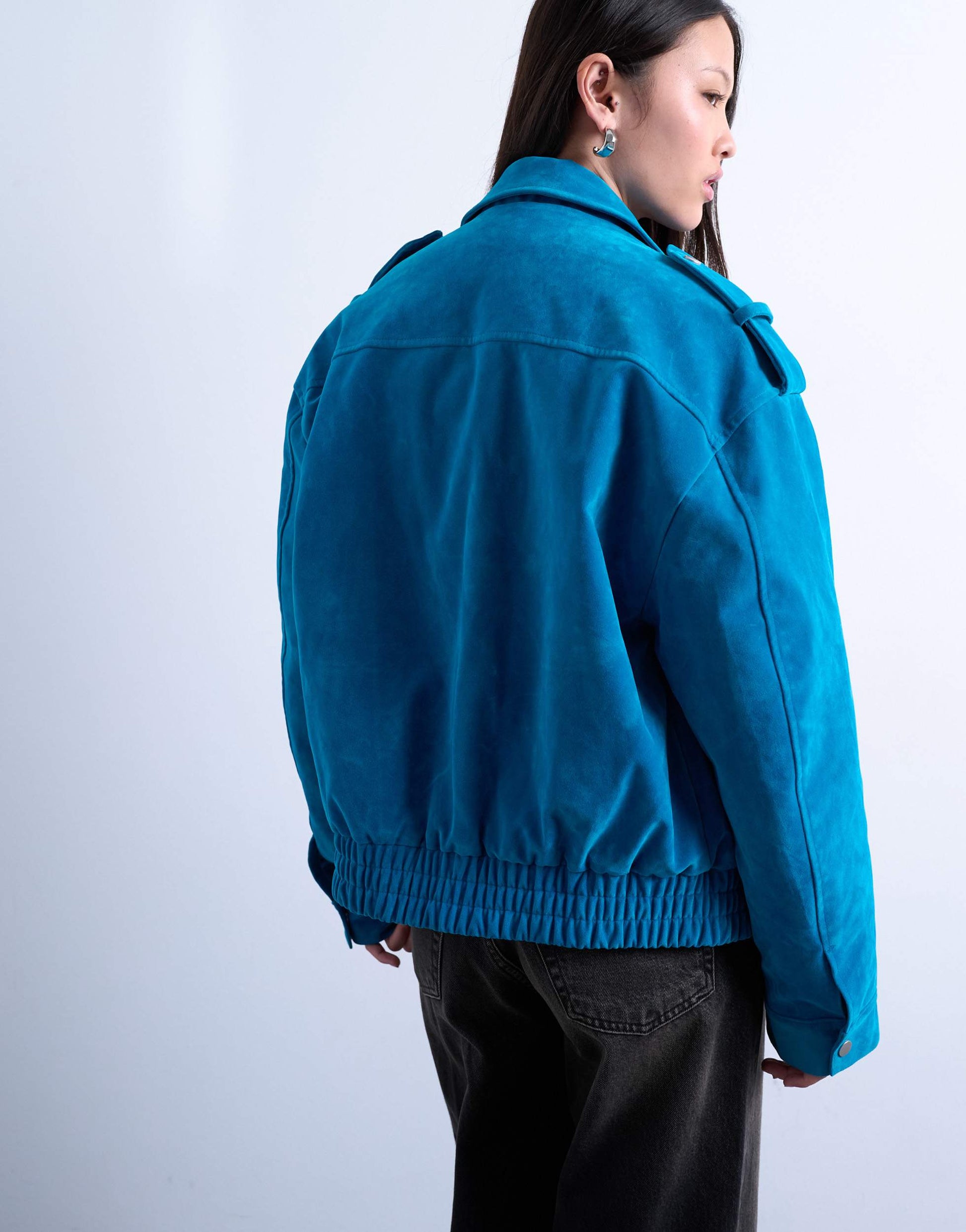 Topshop faux suede quilted lined bomber jacket with popper details in bright blue