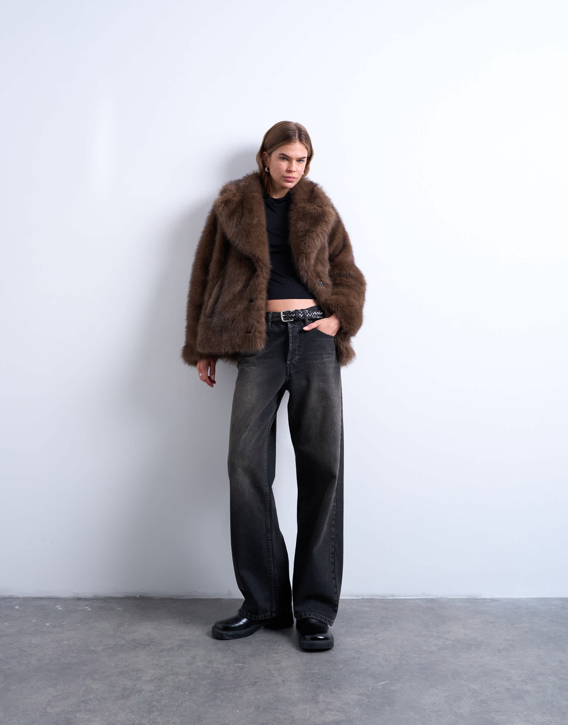 Topshop faux fur short jacket with buttons in chocolate
