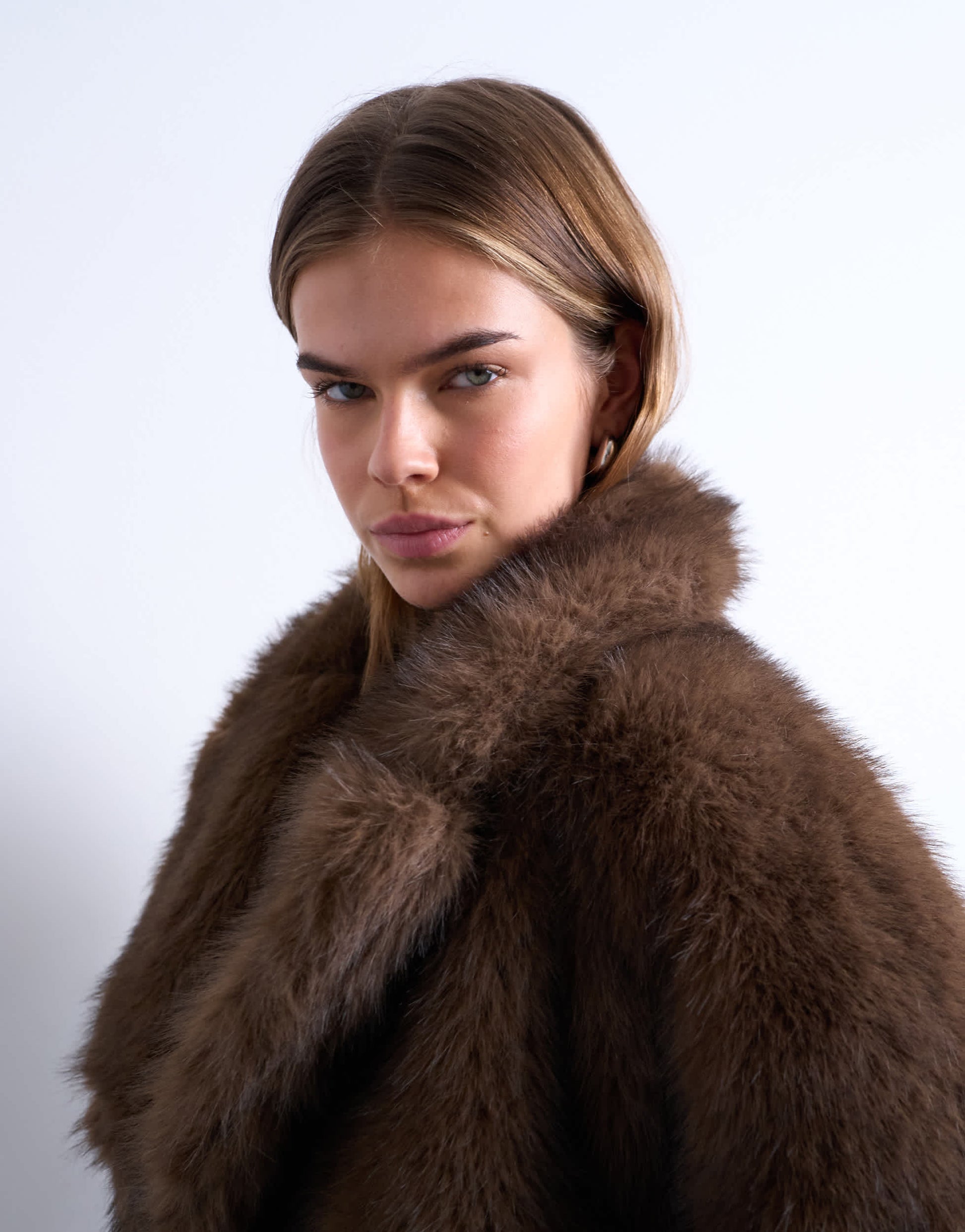 Topshop faux fur short jacket with buttons in chocolate