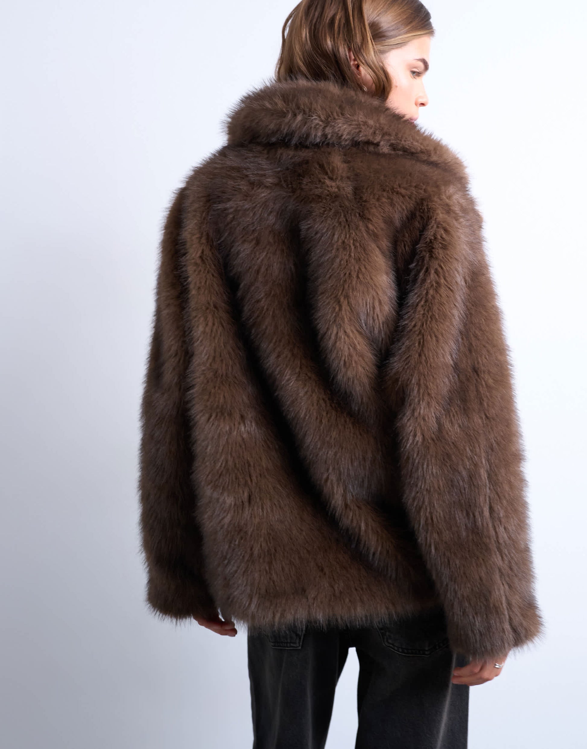 Topshop faux fur short jacket with buttons in chocolate