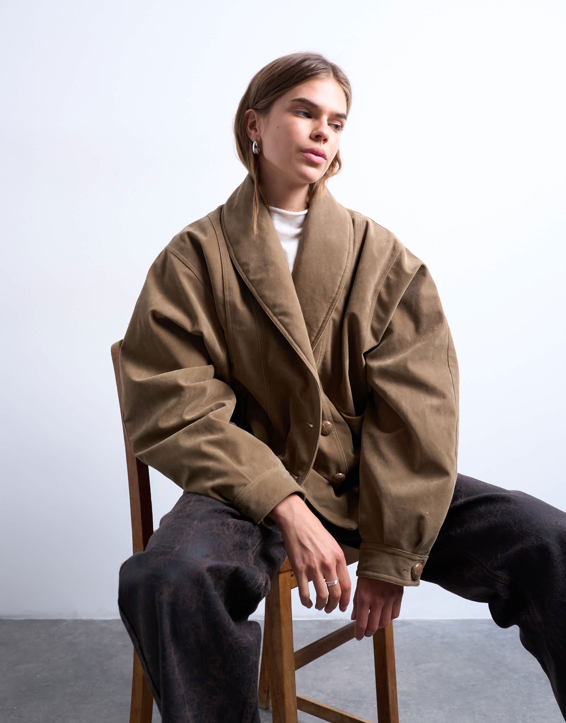 Topshop faux suede shawl bomber jacket in tan