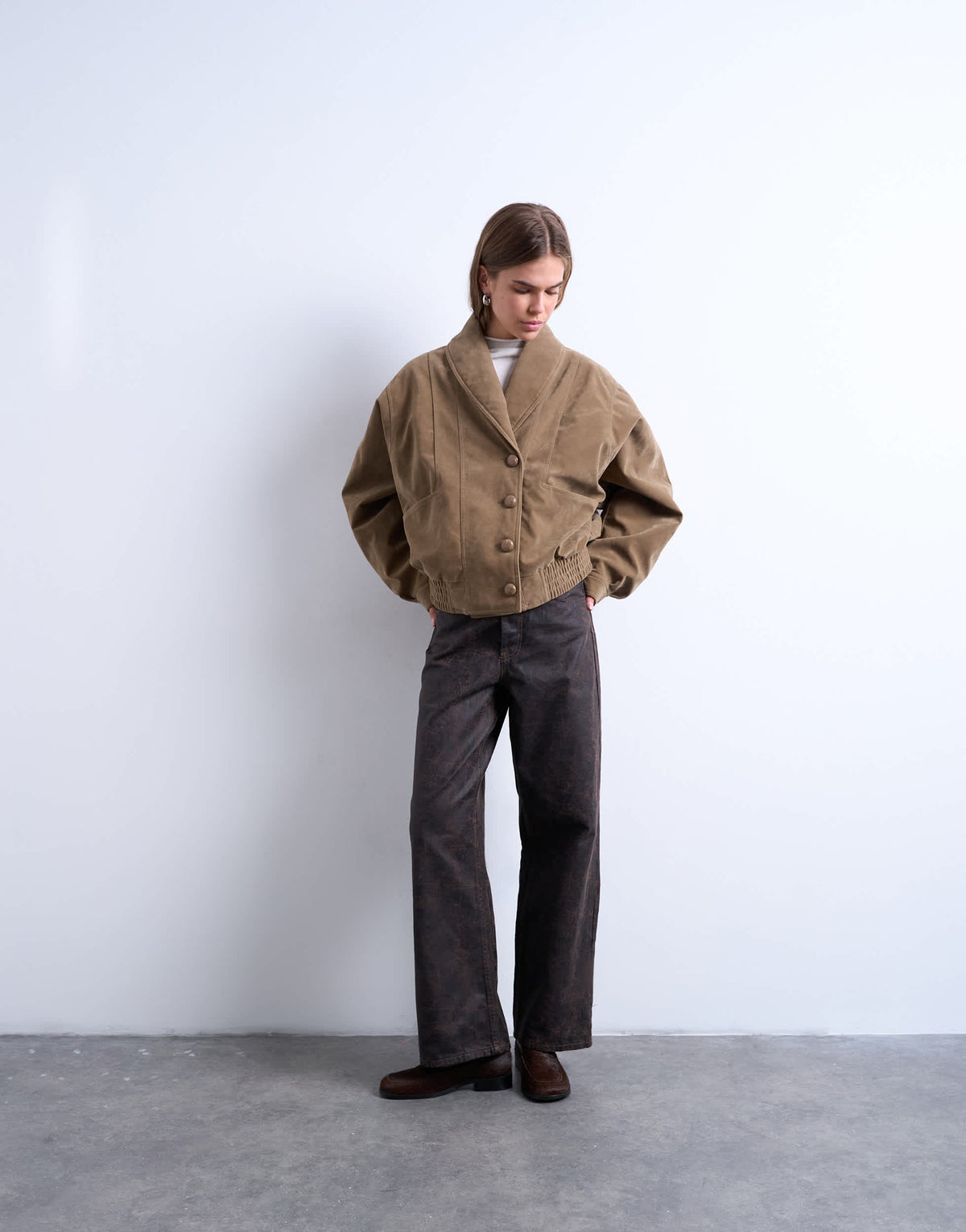 Topshop faux suede shawl bomber jacket in tan