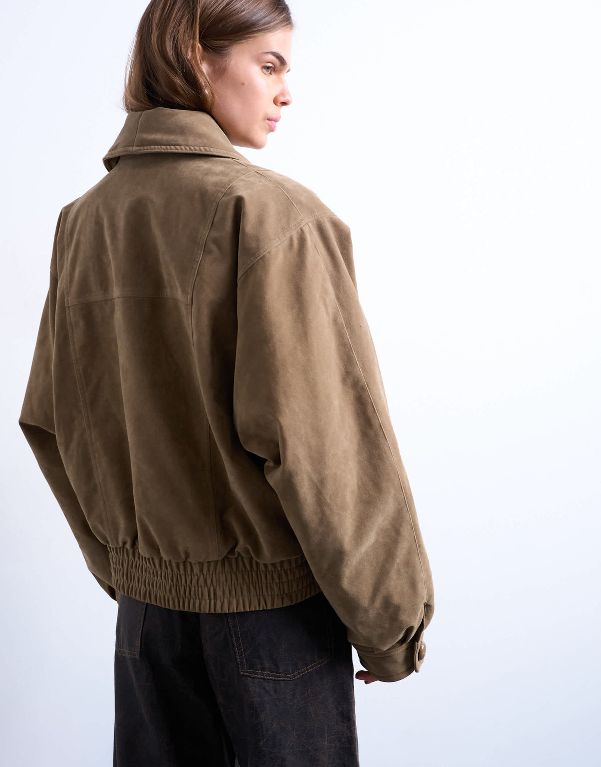 Topshop faux suede shawl bomber jacket in tan