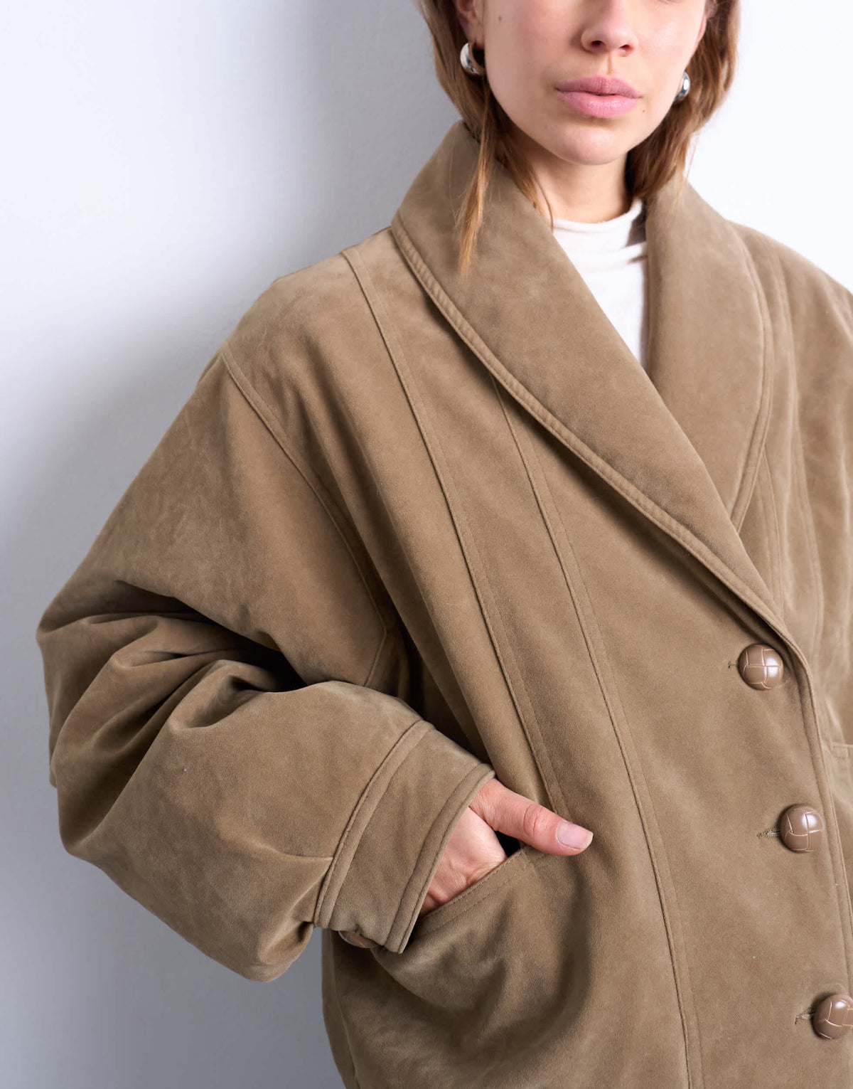 Topshop faux suede shawl bomber jacket in tan