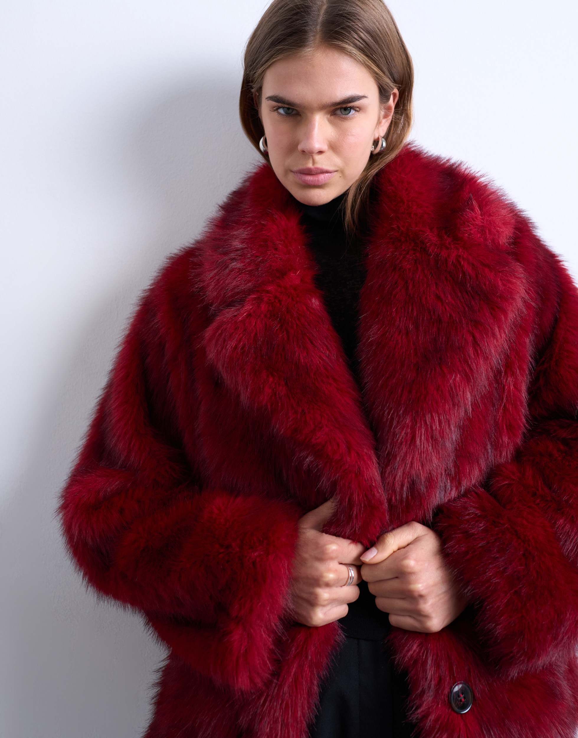 Topshop faux fur short jacket with buttons in cherry red
