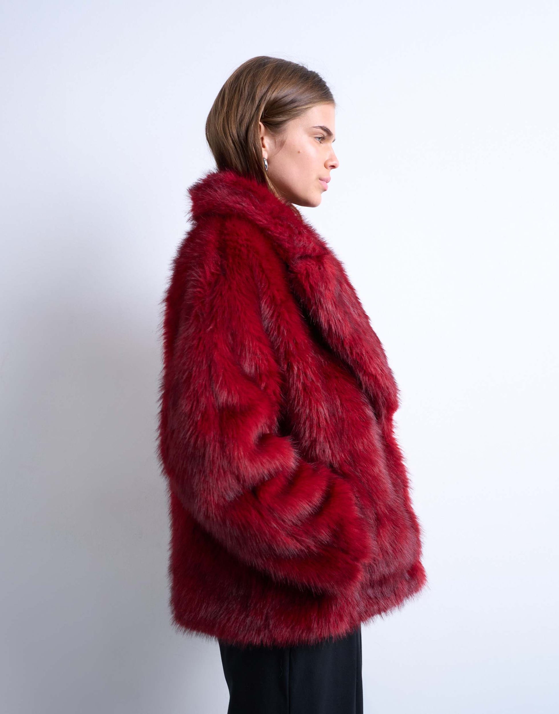 Topshop faux fur short jacket with buttons in cherry red