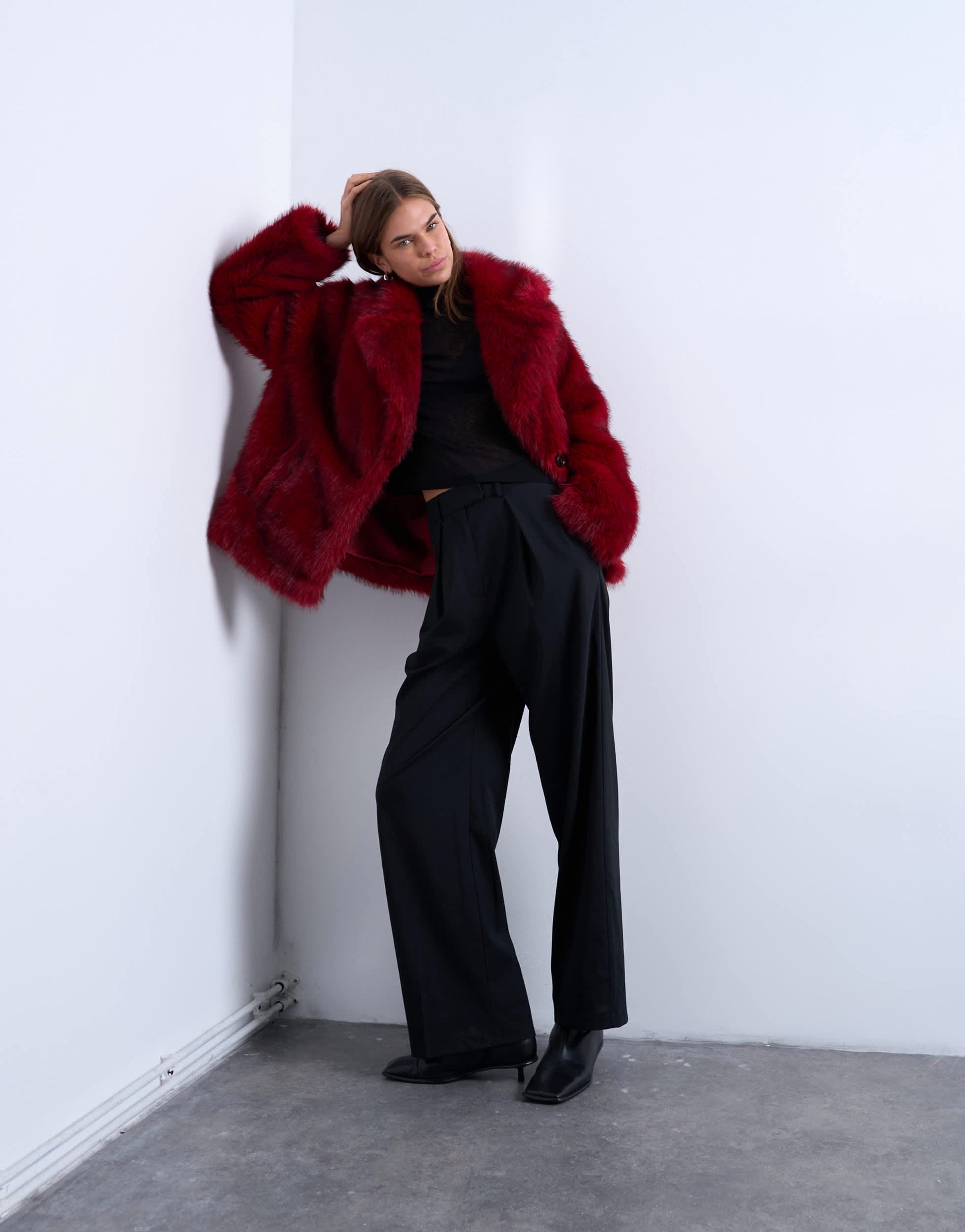 Topshop faux fur short jacket with buttons in cherry red