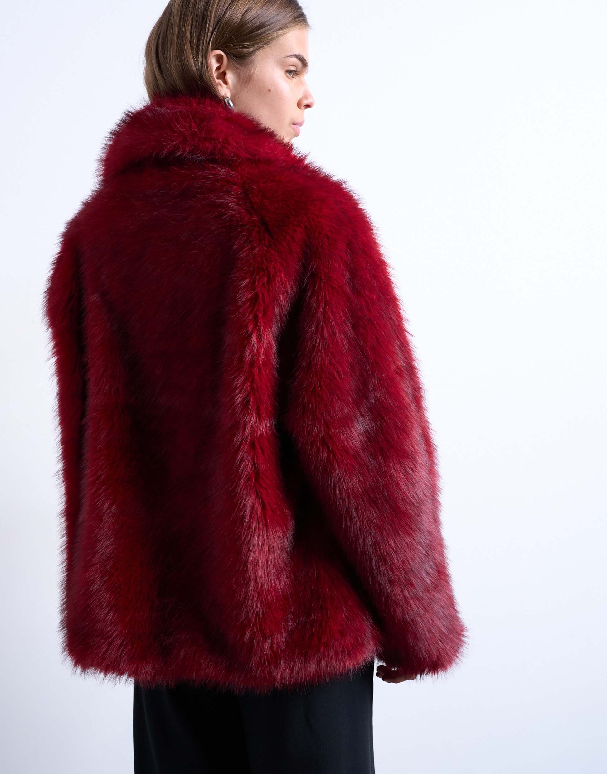 Topshop faux fur short jacket with buttons in cherry red