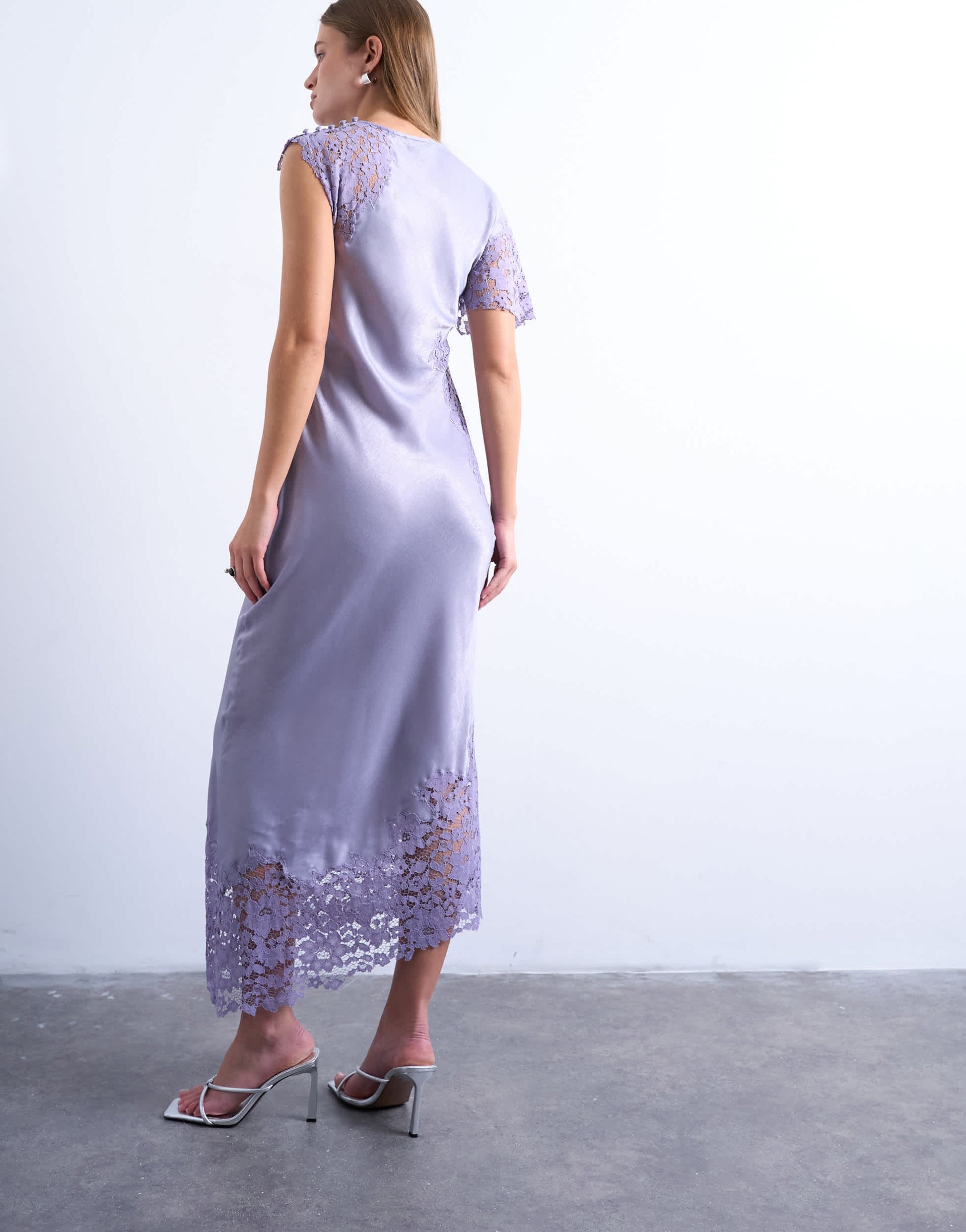 Topshop lace insert grown on shoulder midi dress in dusty lilac