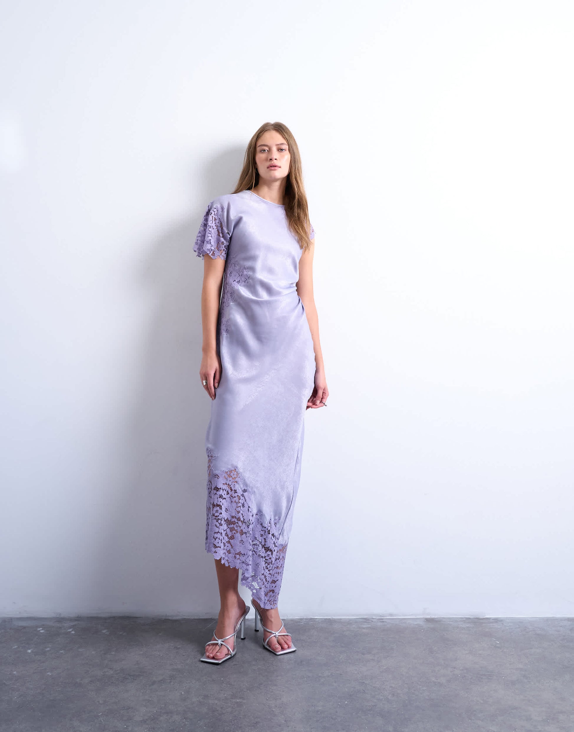 Topshop lace insert grown on shoulder midi dress in dusty lilac