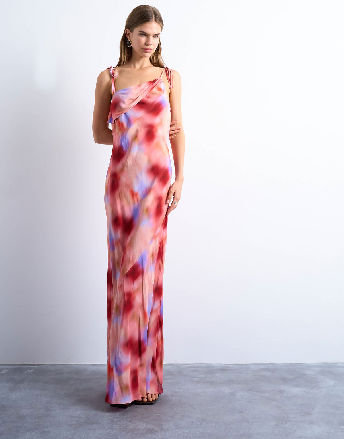 Topshop off shoulder midi dress in abstract pink print