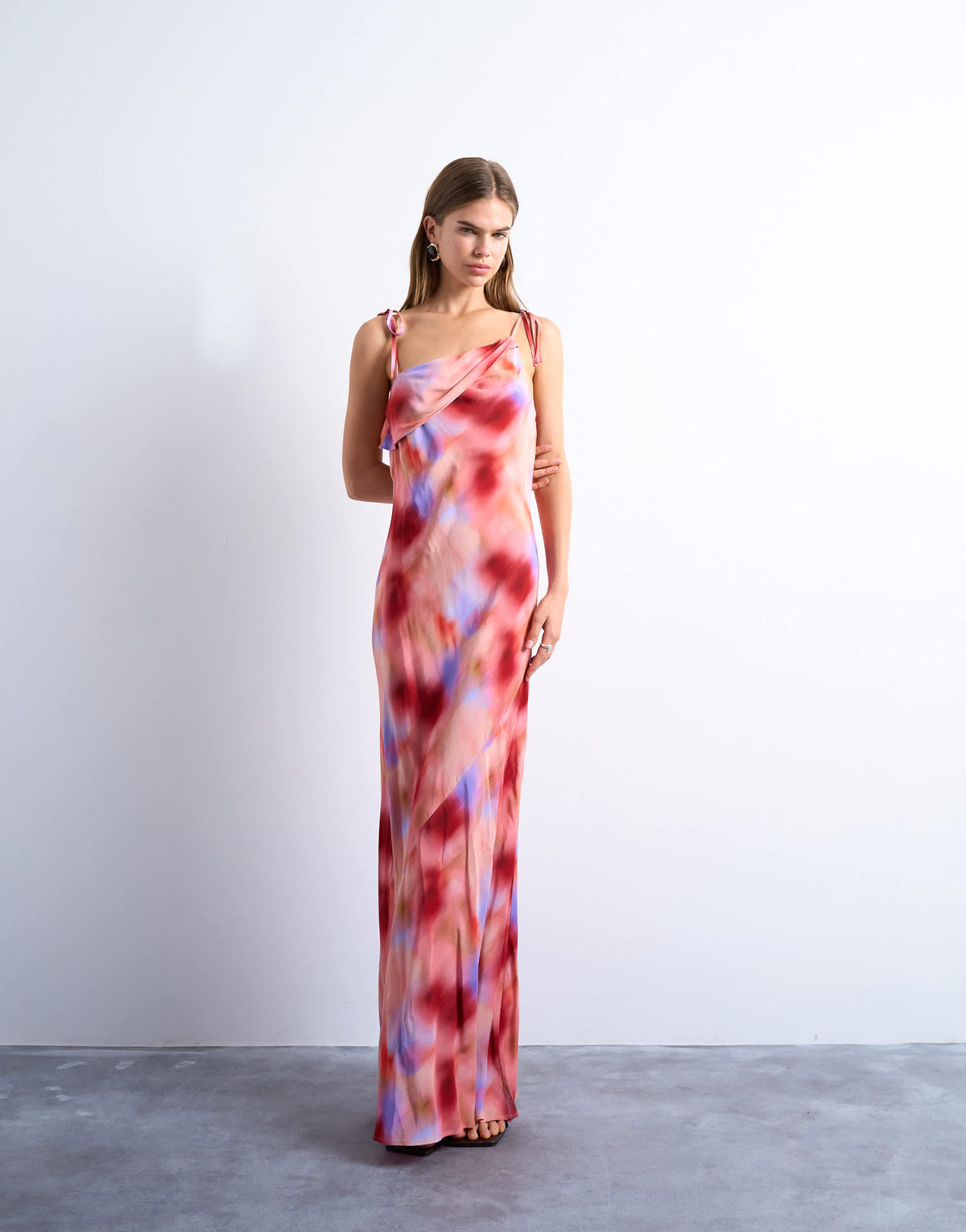 Topshop off shoulder midi dress in abstract pink print