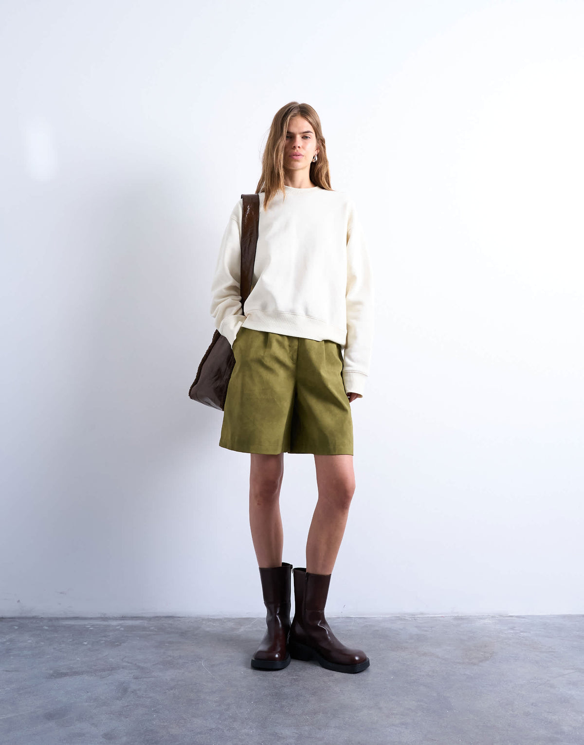 Topshop faux suede longline short in green