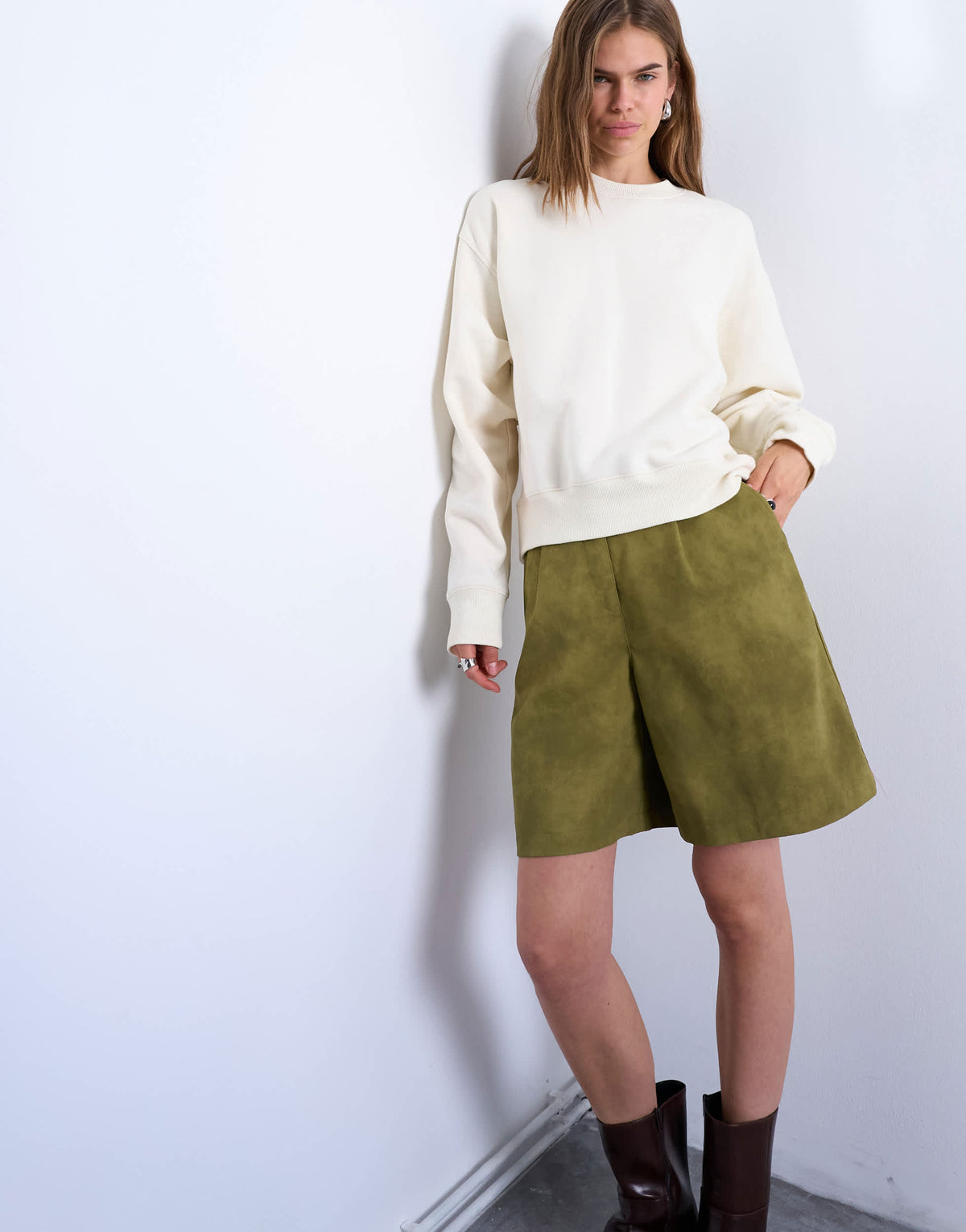 Topshop faux suede longline short in green