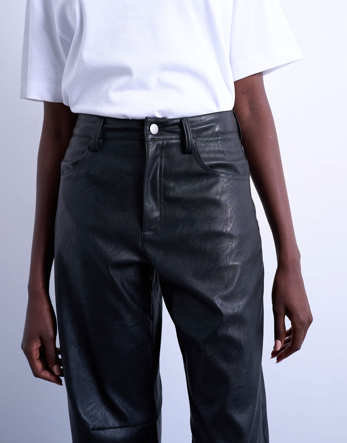 Topshop faux leather barrel leg trouser in black