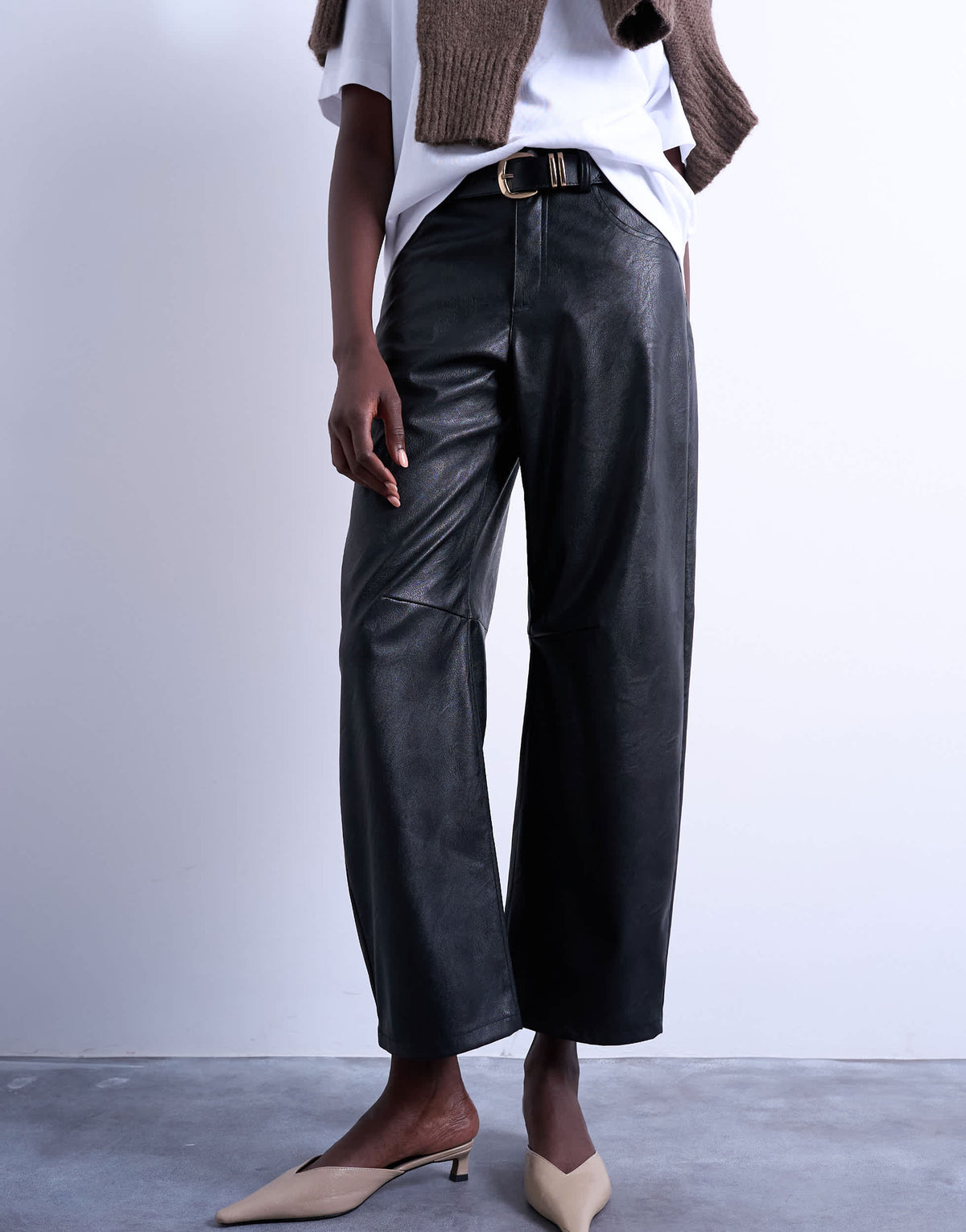 Topshop faux leather barrel leg trouser in black