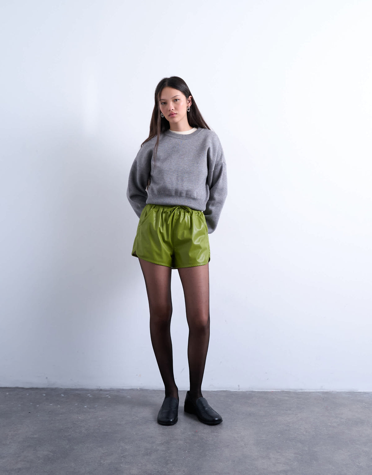 Topshop faux leather runner short in green