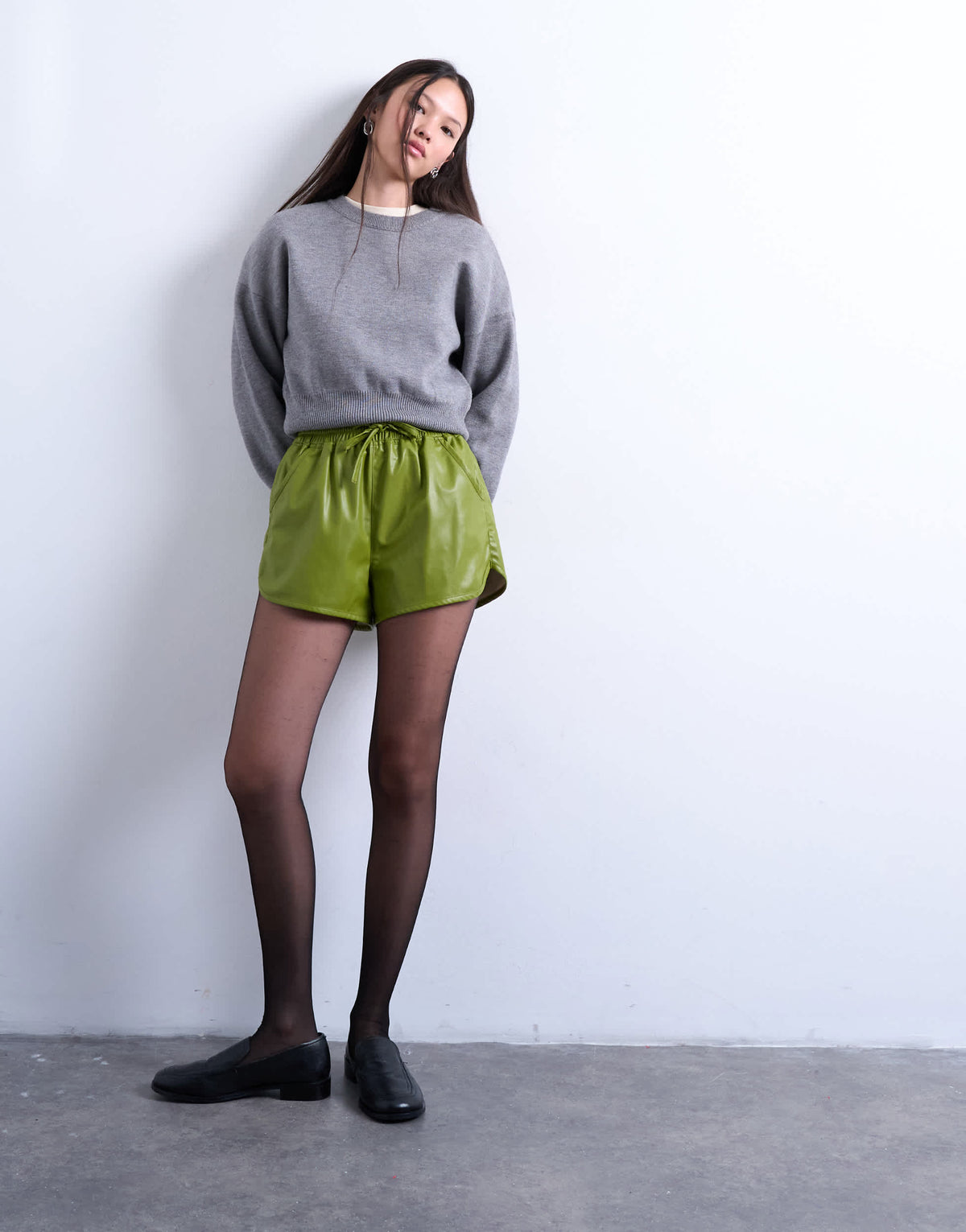 Topshop faux leather runner short in green