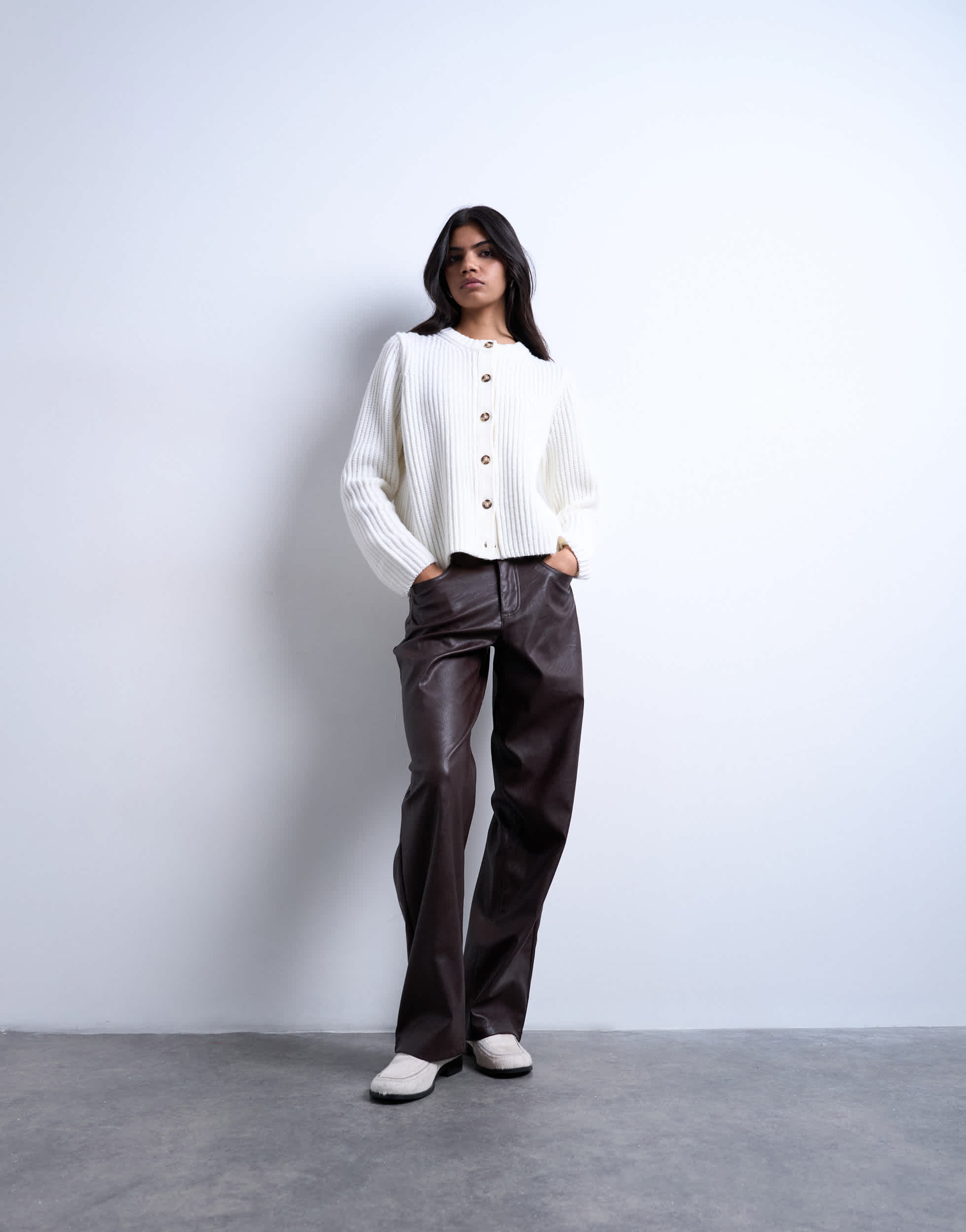 Topshop faux leather cinch trouser in brown