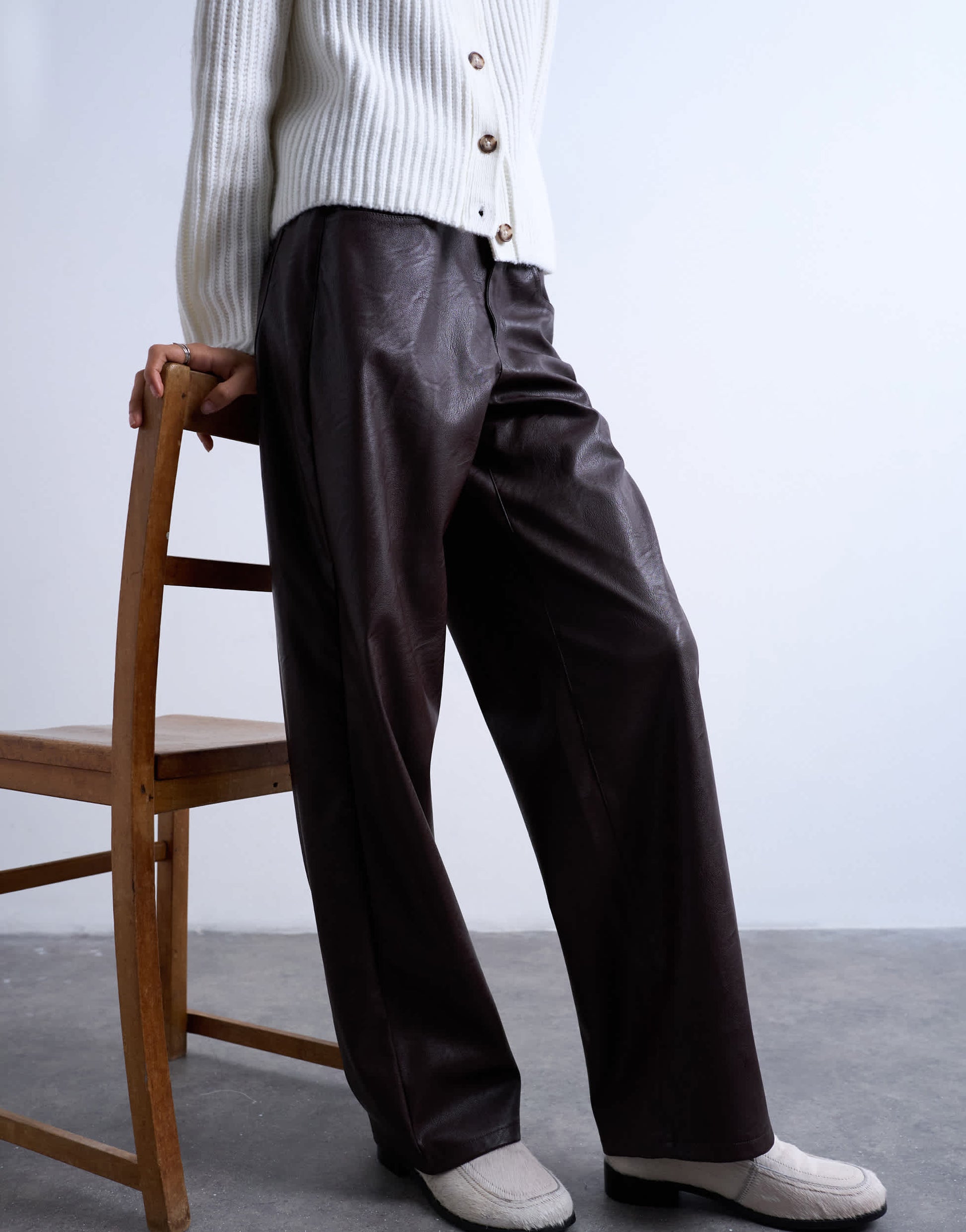 Topshop faux leather cinch trouser in brown