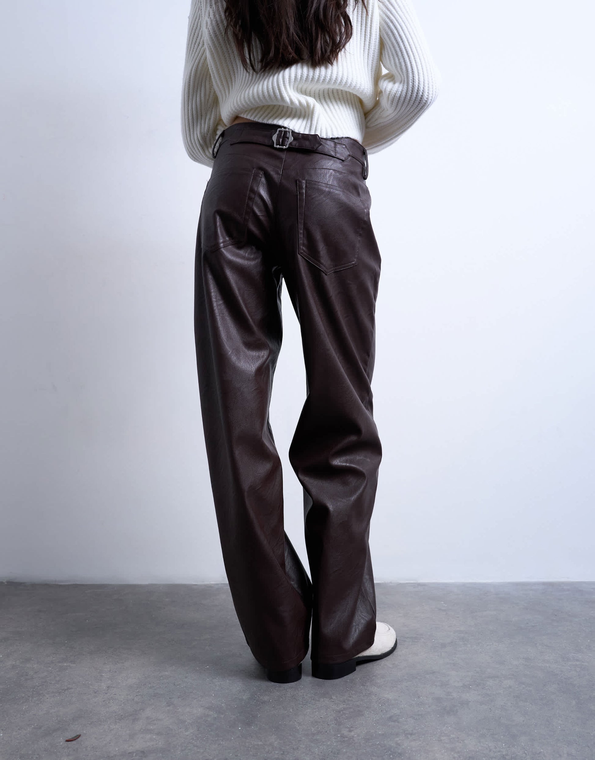 Topshop faux leather cinch trouser in brown