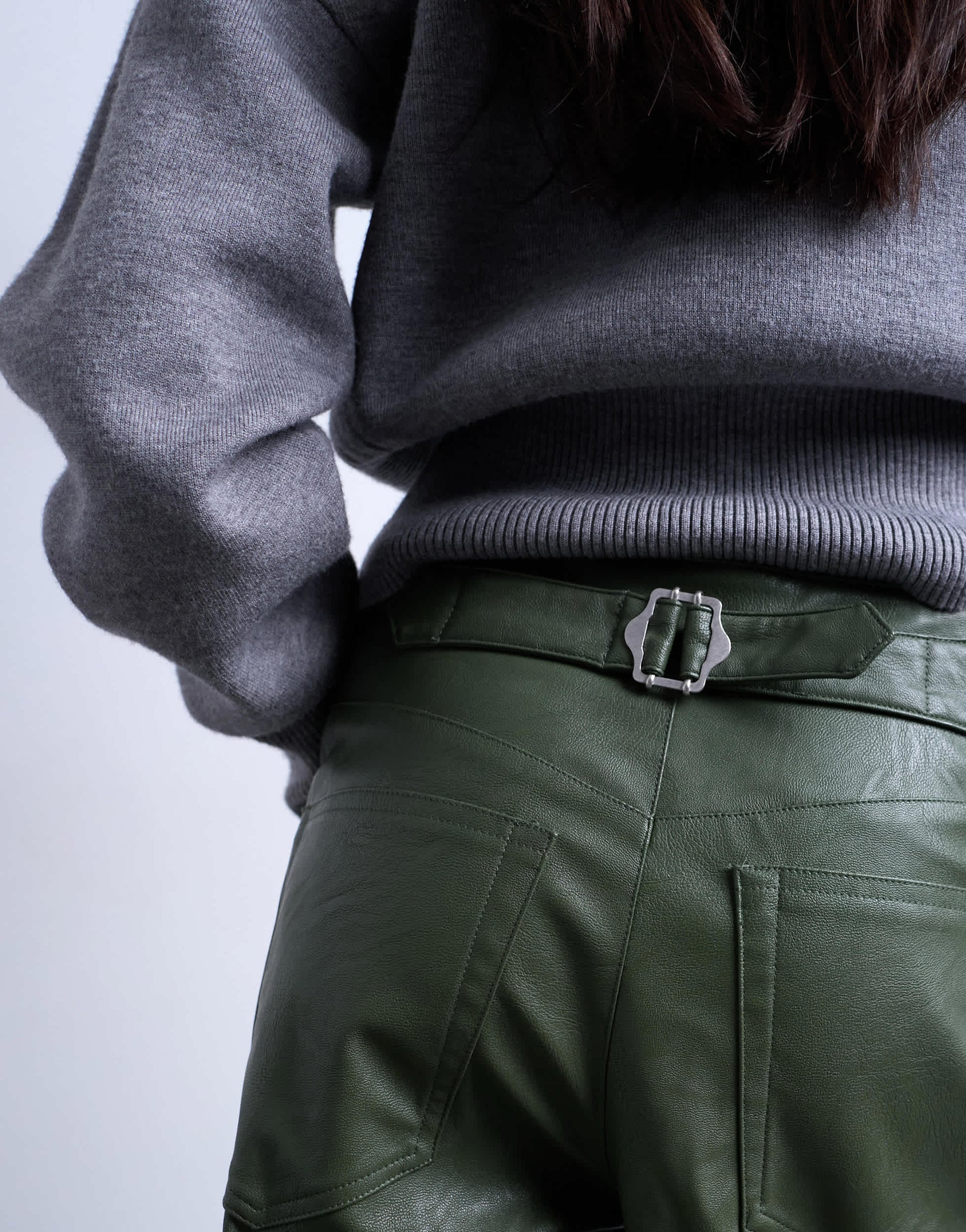 Topshop faux leather cinch trouser in green