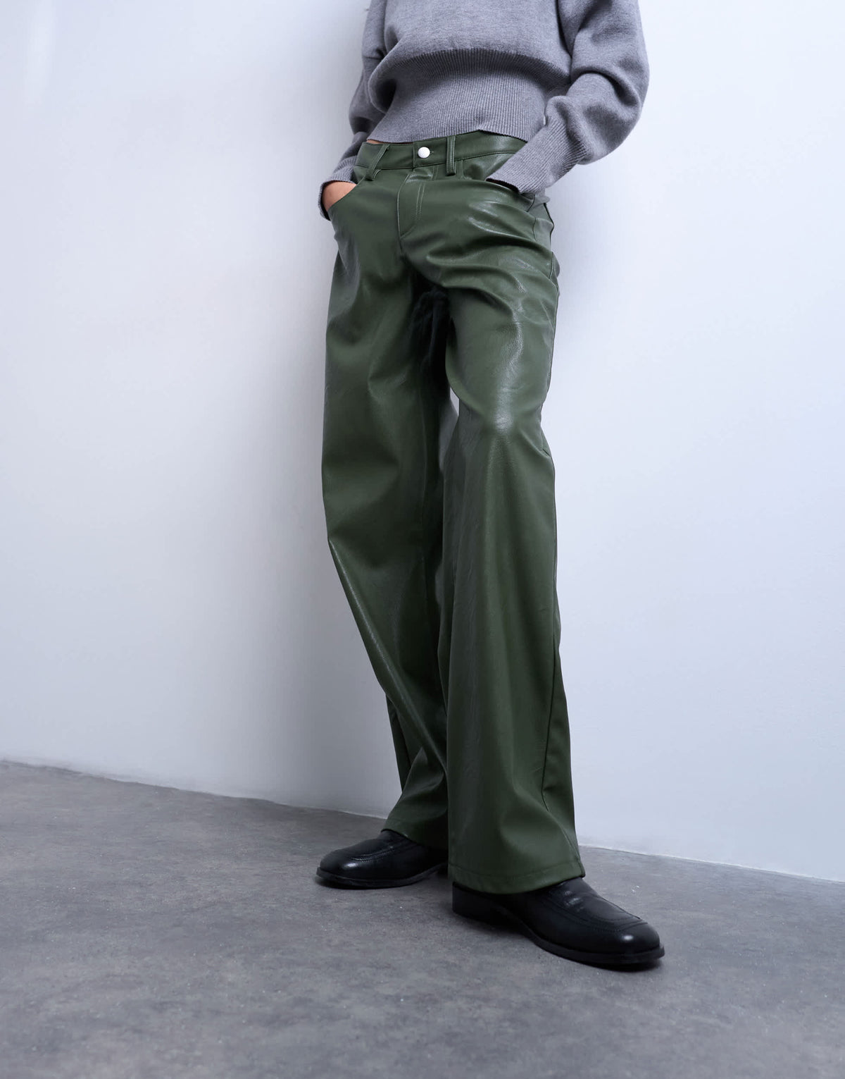 Topshop faux leather cinch trouser in green