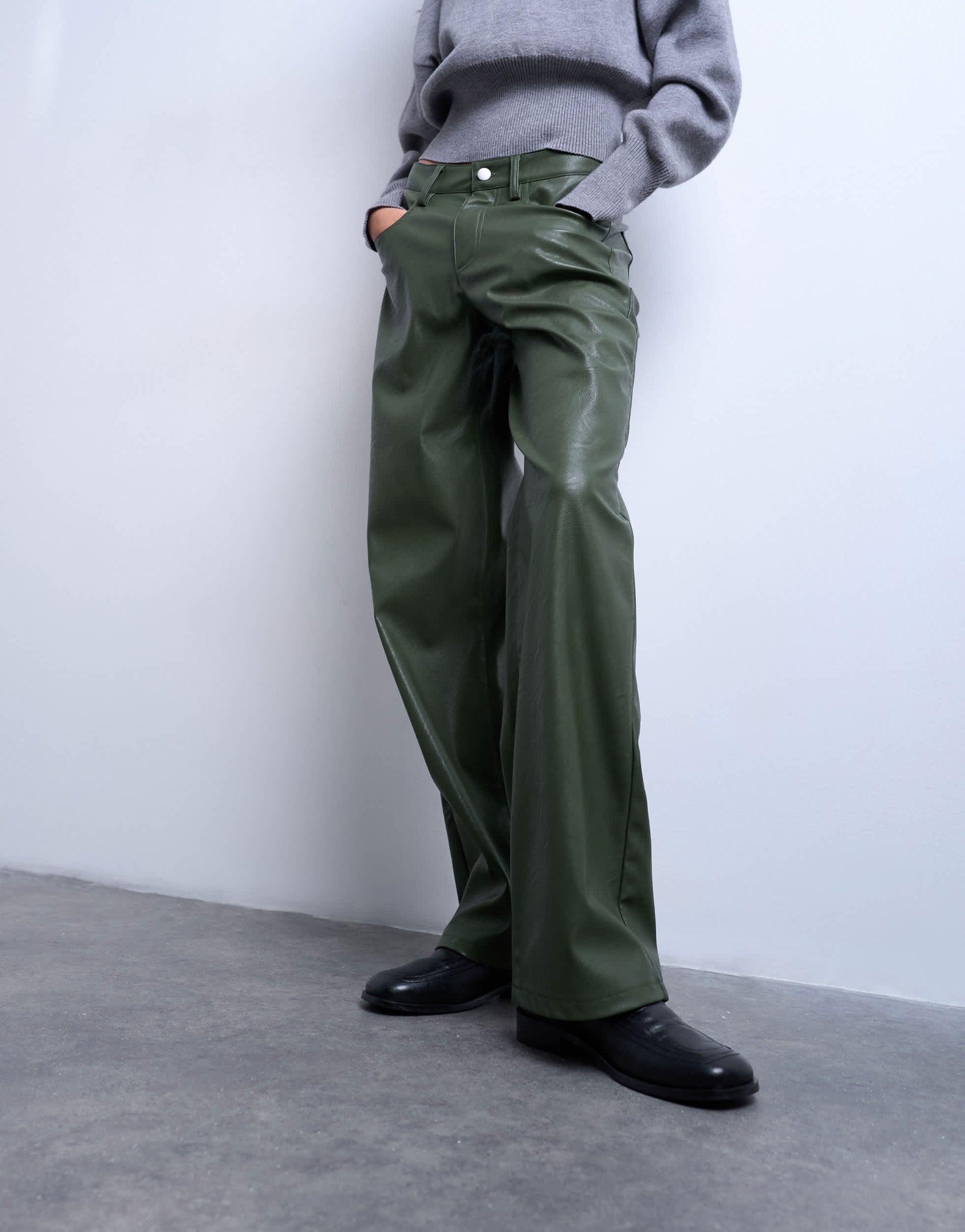 Topshop faux leather cinch trouser in green