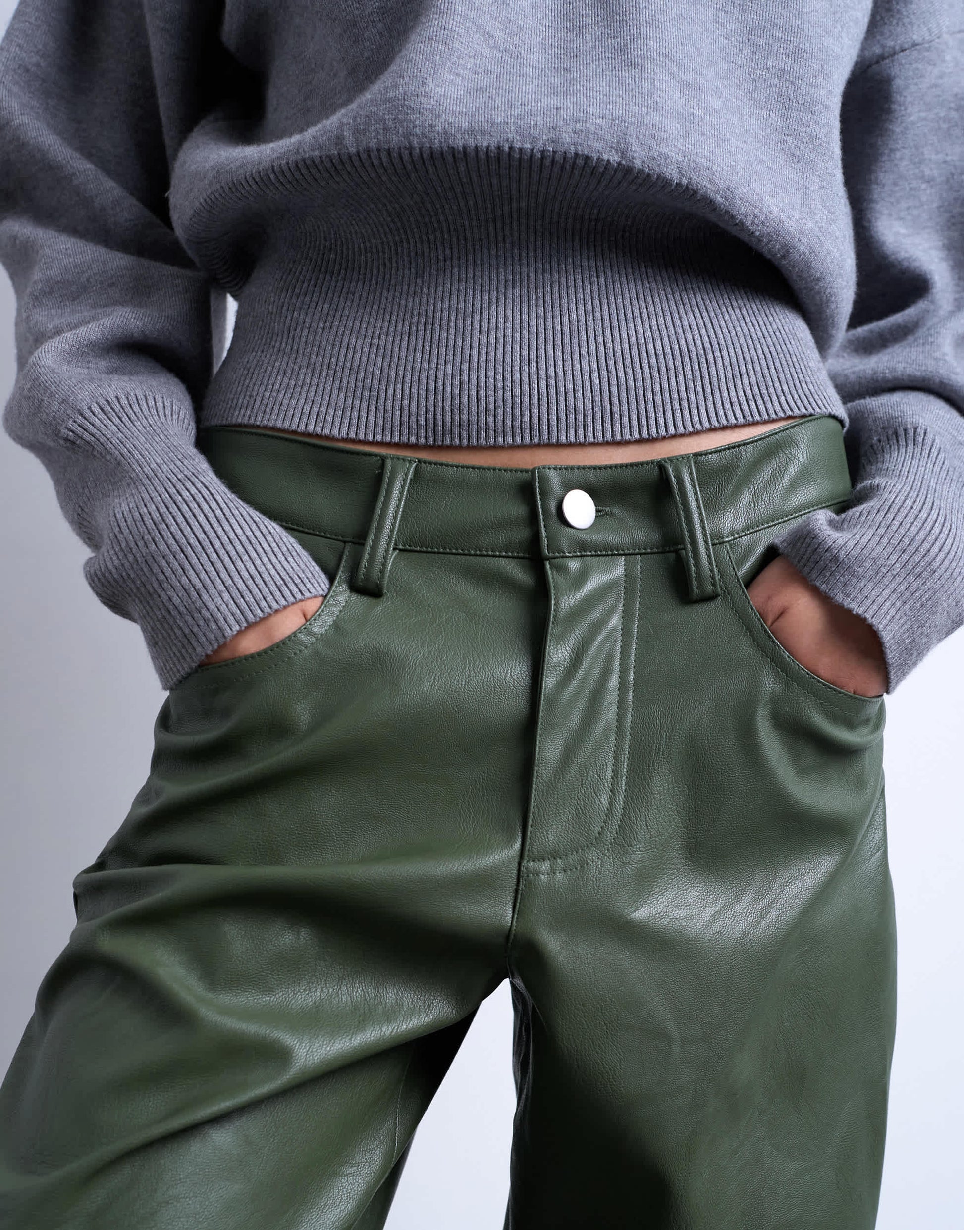 Topshop faux leather cinch trouser in green