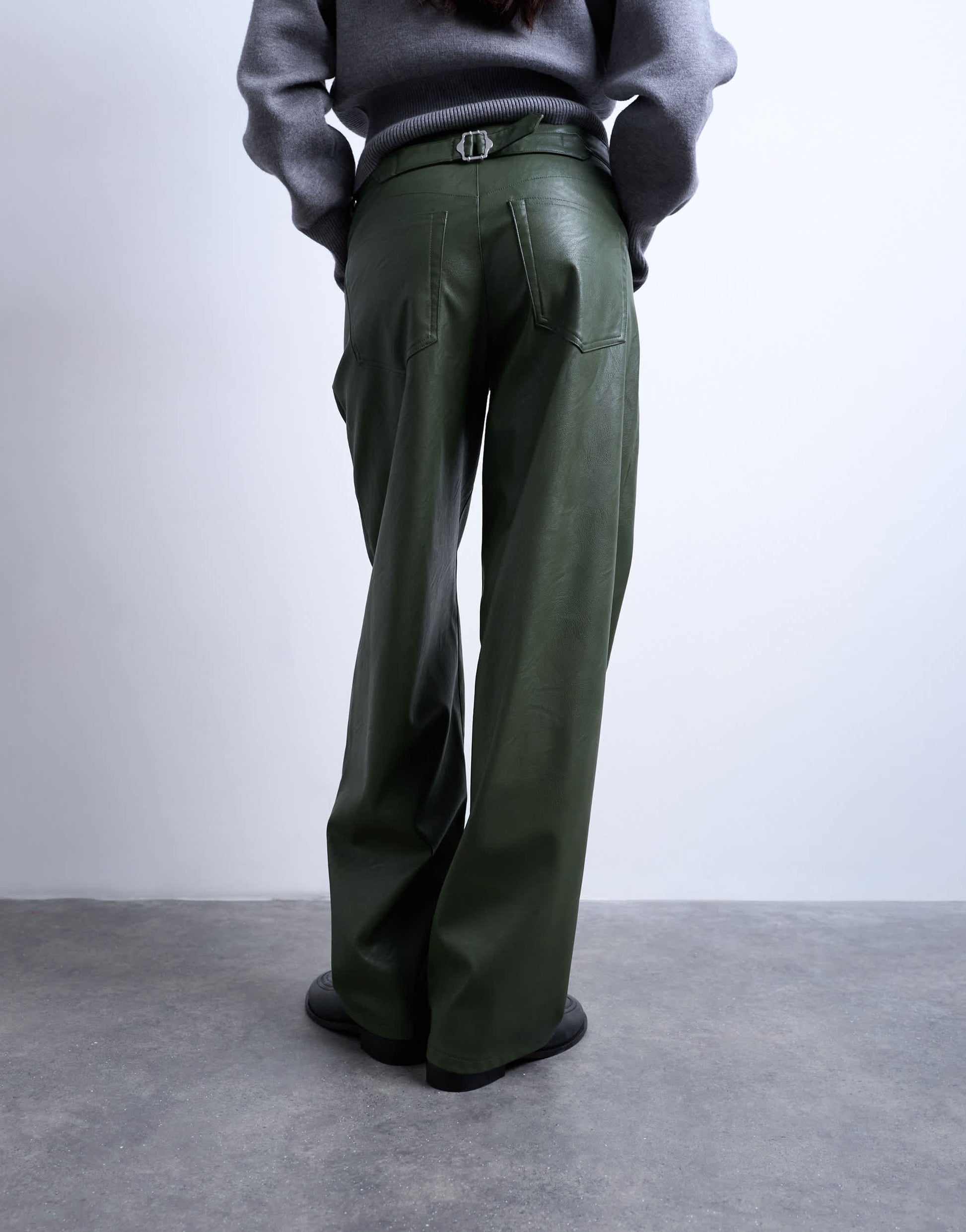 Topshop faux leather cinch trouser in green
