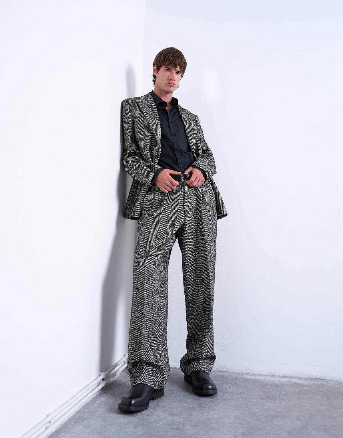 Topman wide leg wool blend herringbone trousers in black