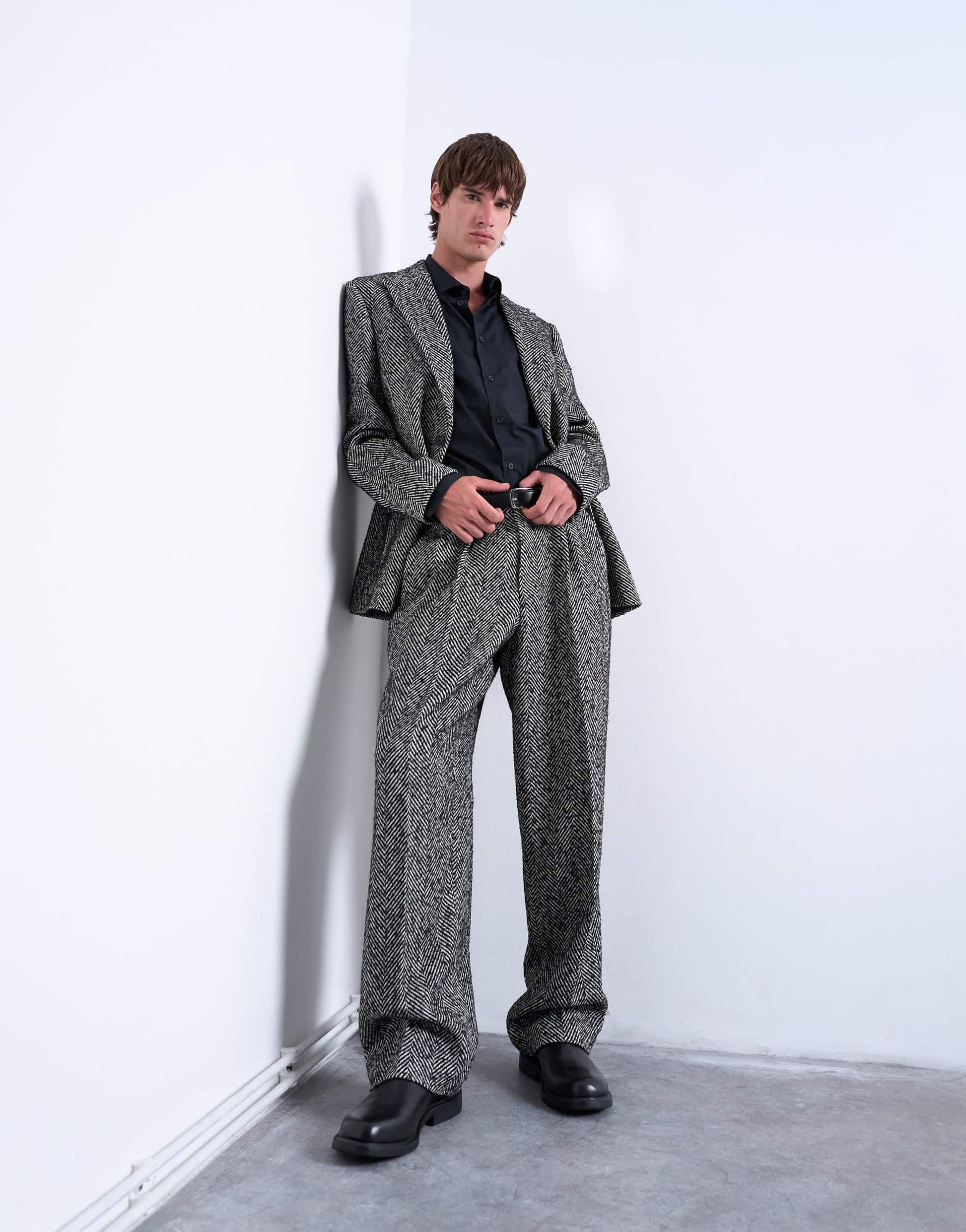Topman wide leg wool blend herringbone trousers in black