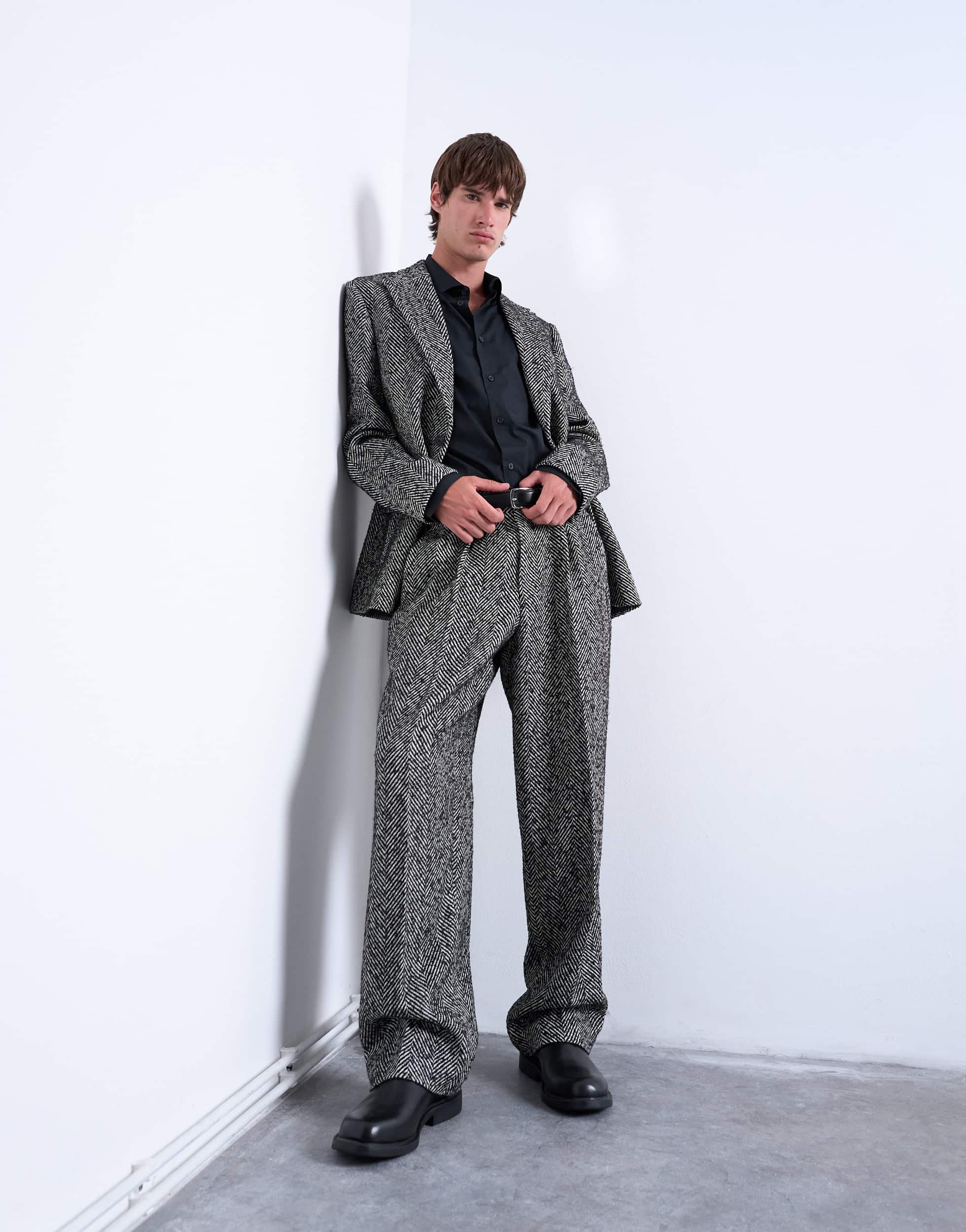 Topman wide leg wool blend herringbone trousers in black