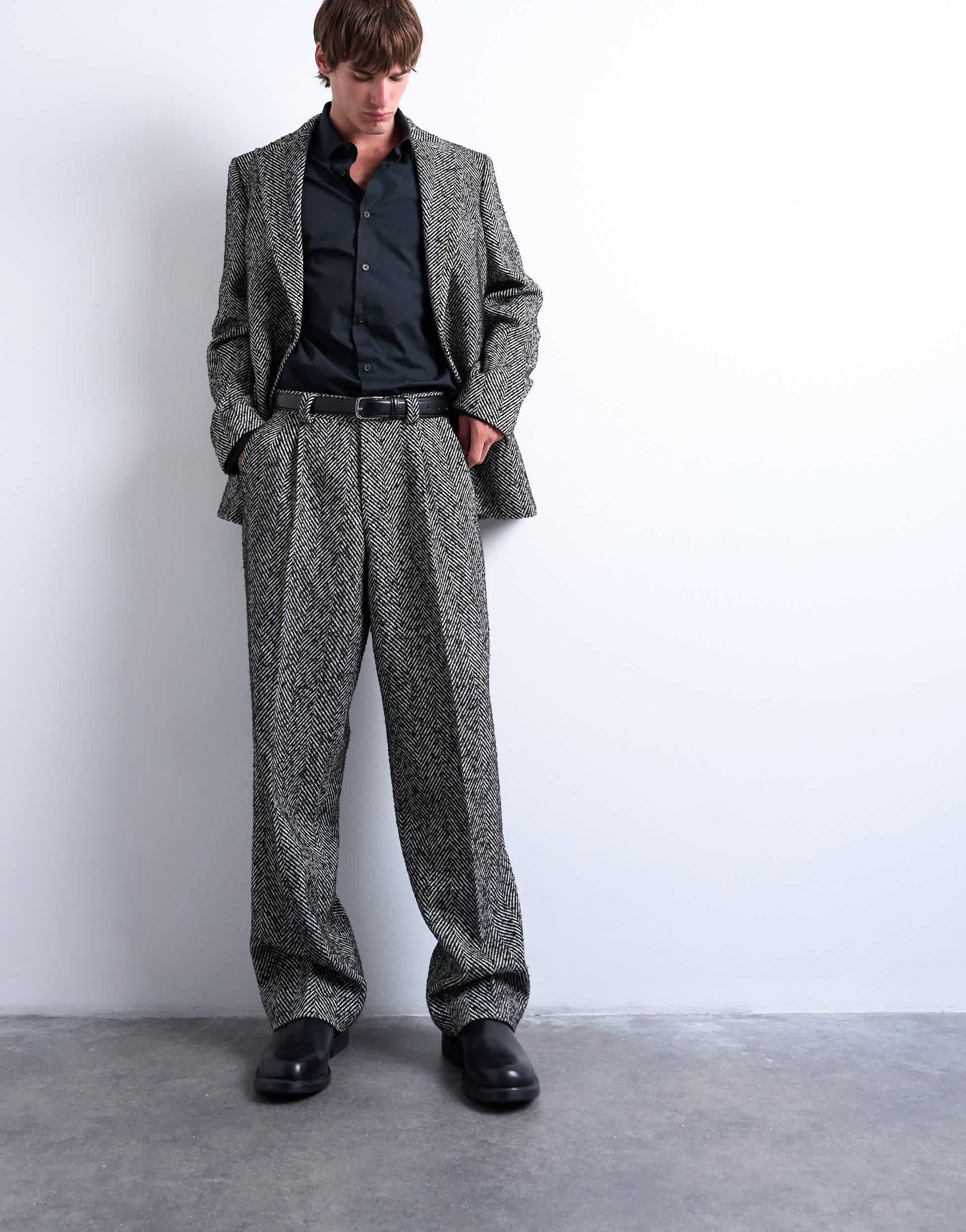 Topman wide leg wool blend herringbone trousers in black