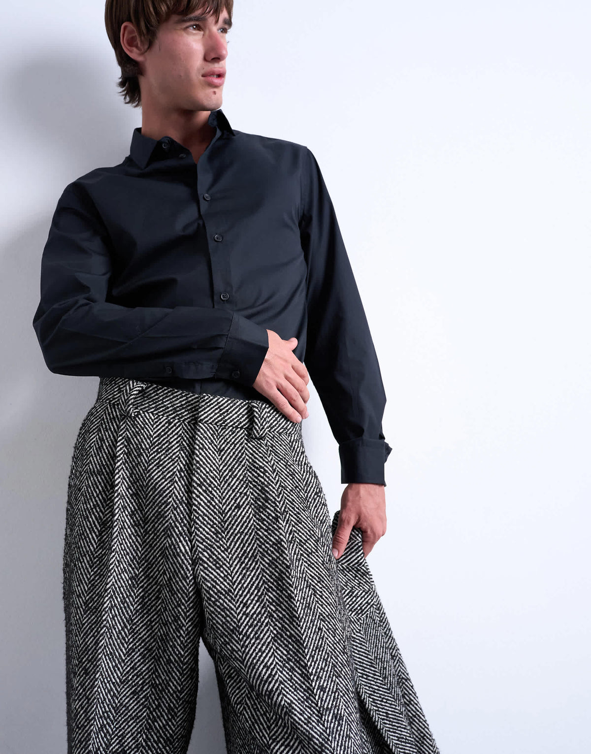 Topman wide leg wool blend herringbone trousers in black