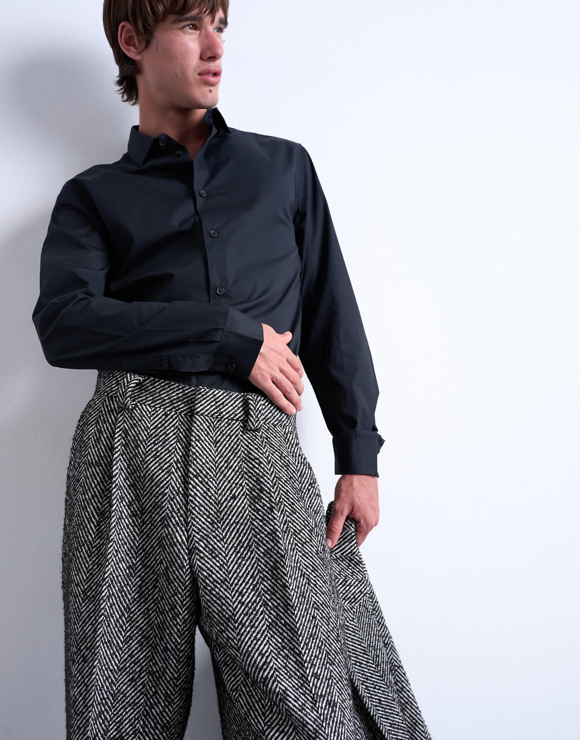 Topman wide leg wool blend herringbone trousers in black