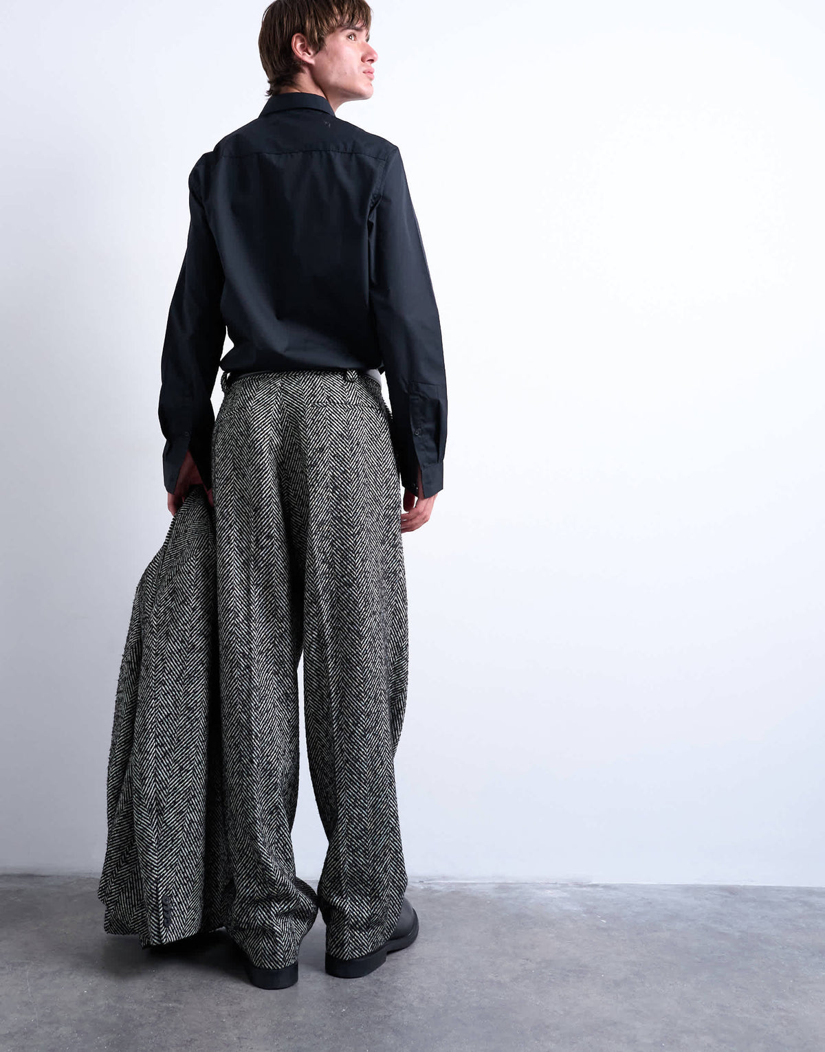 Topman wide leg wool blend herringbone trousers in black
