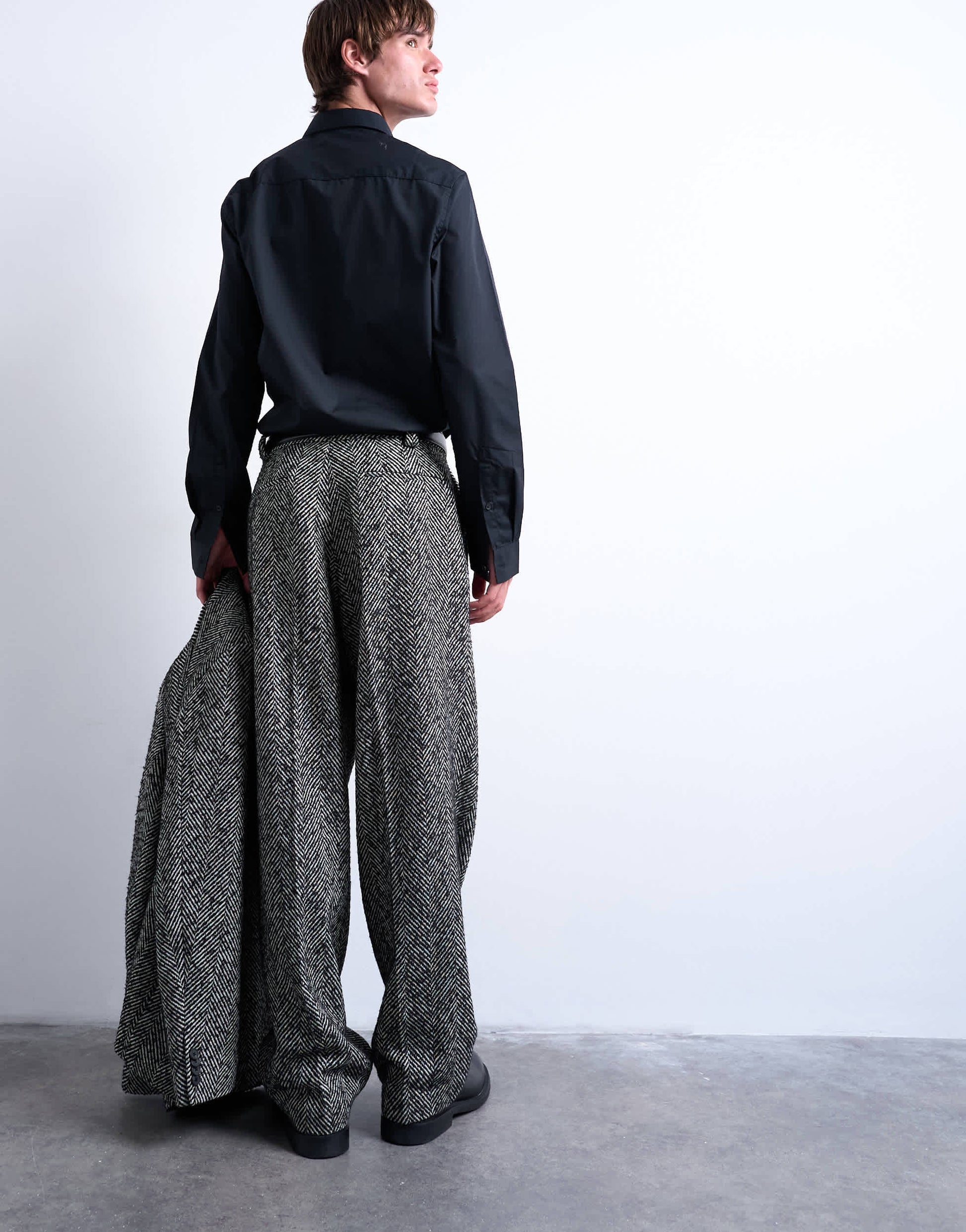 Topman wide leg wool blend herringbone trousers in black