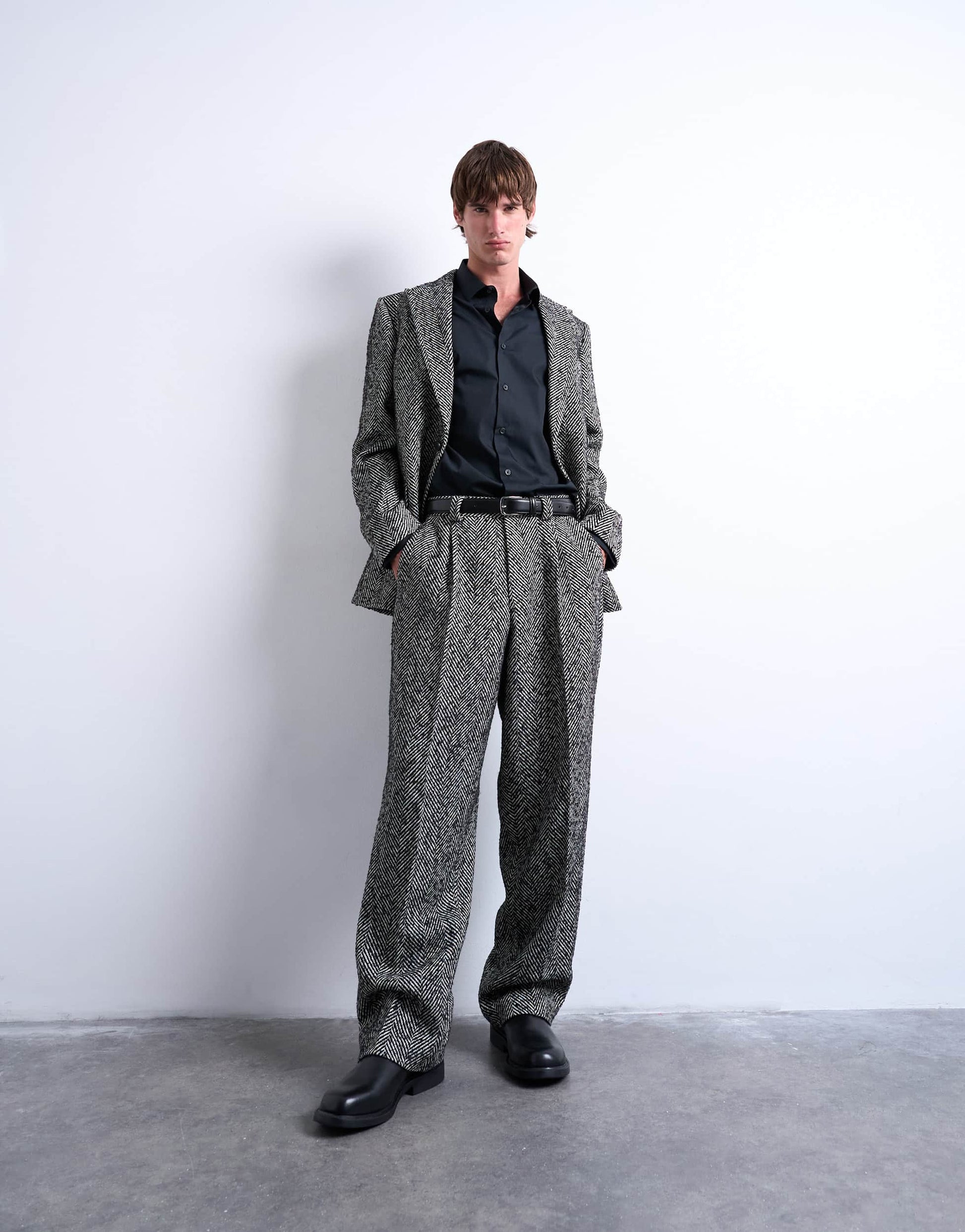 Topman relaxed herringbone wool blend blazer in black 