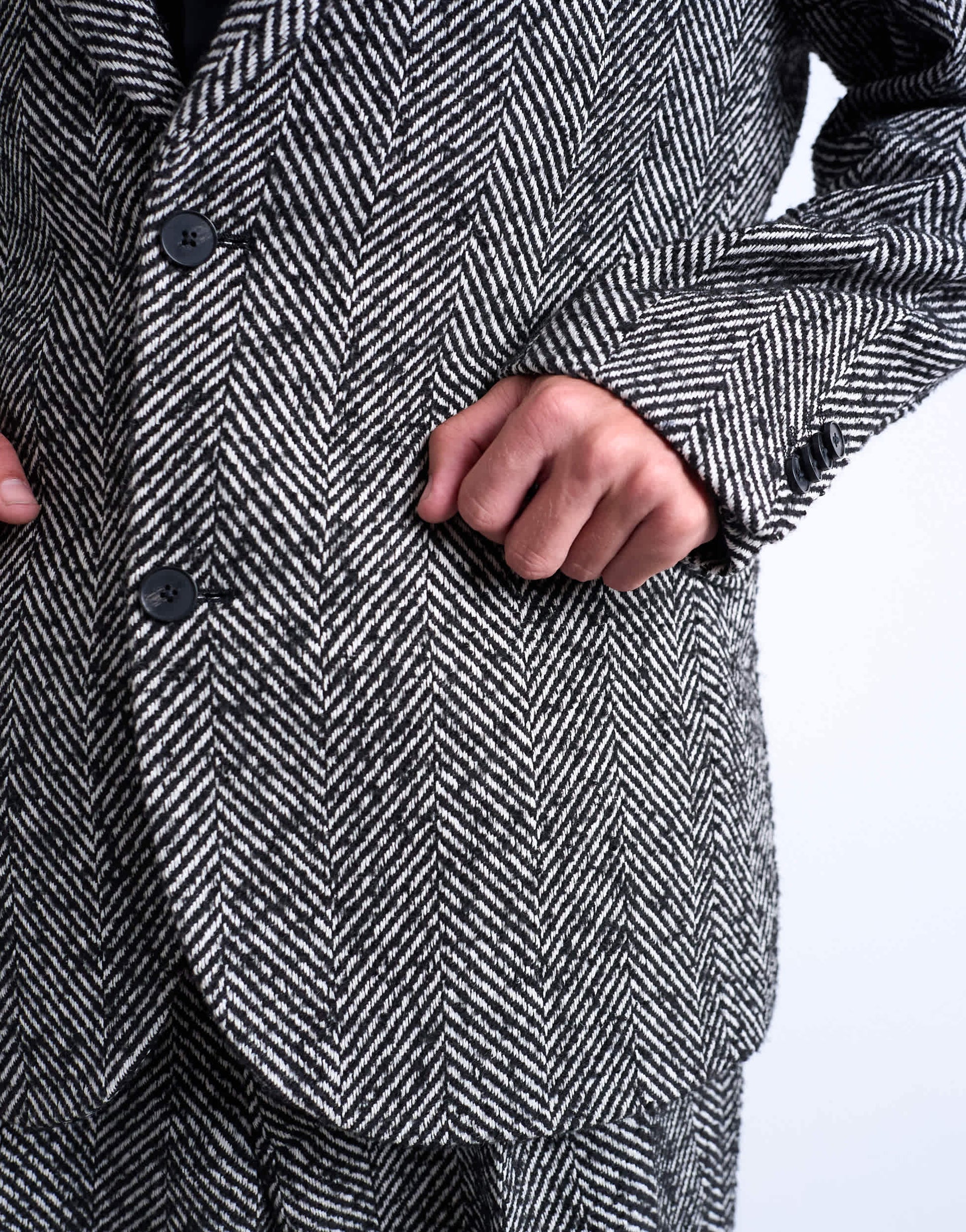 Topman relaxed herringbone wool blend blazer in black 