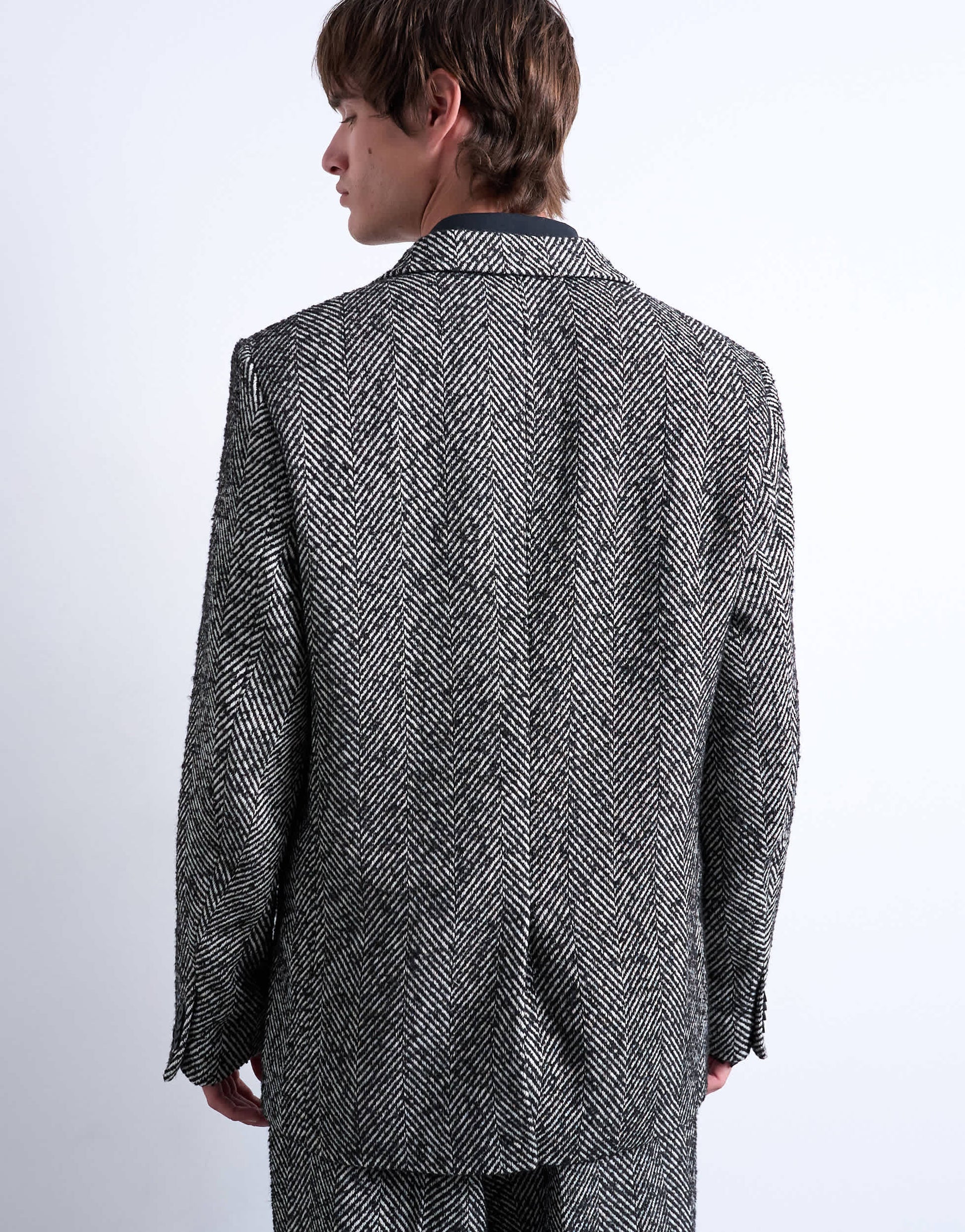 Topman relaxed herringbone wool blend blazer in black 