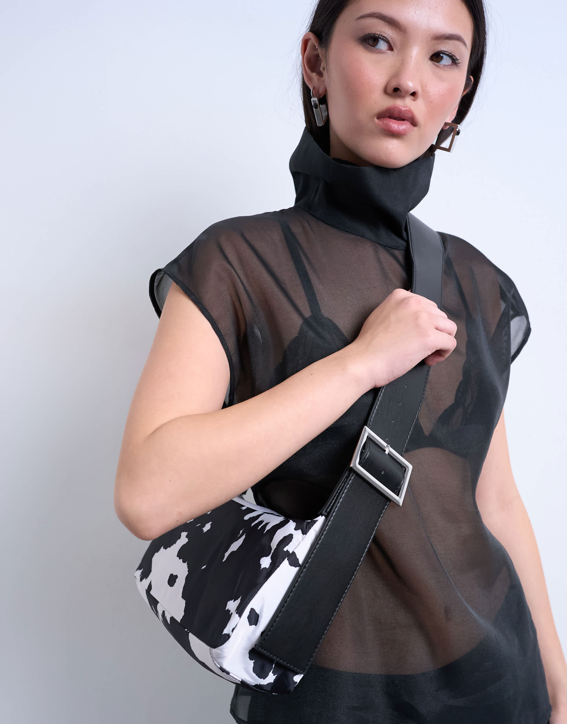 Topshop Kylie nylon cross body with contrast strap in cow print